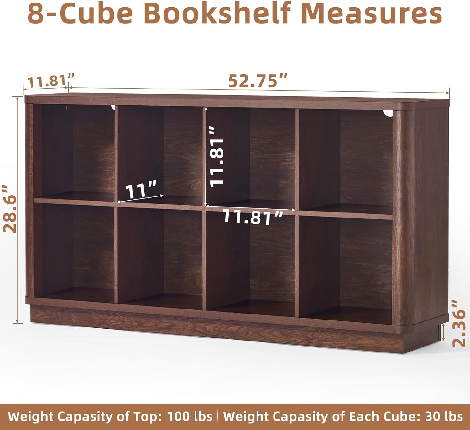 Joaxswe 8 Cube Bookcase, 52" Long Horizontal Book Shelf w/Curved Edge, Floor Standing 2-Tier Cubby TV Stand Bookshelf with Wooden Base, Farmhouse Low Storage Cabinet for Living Room, Office, Walnut