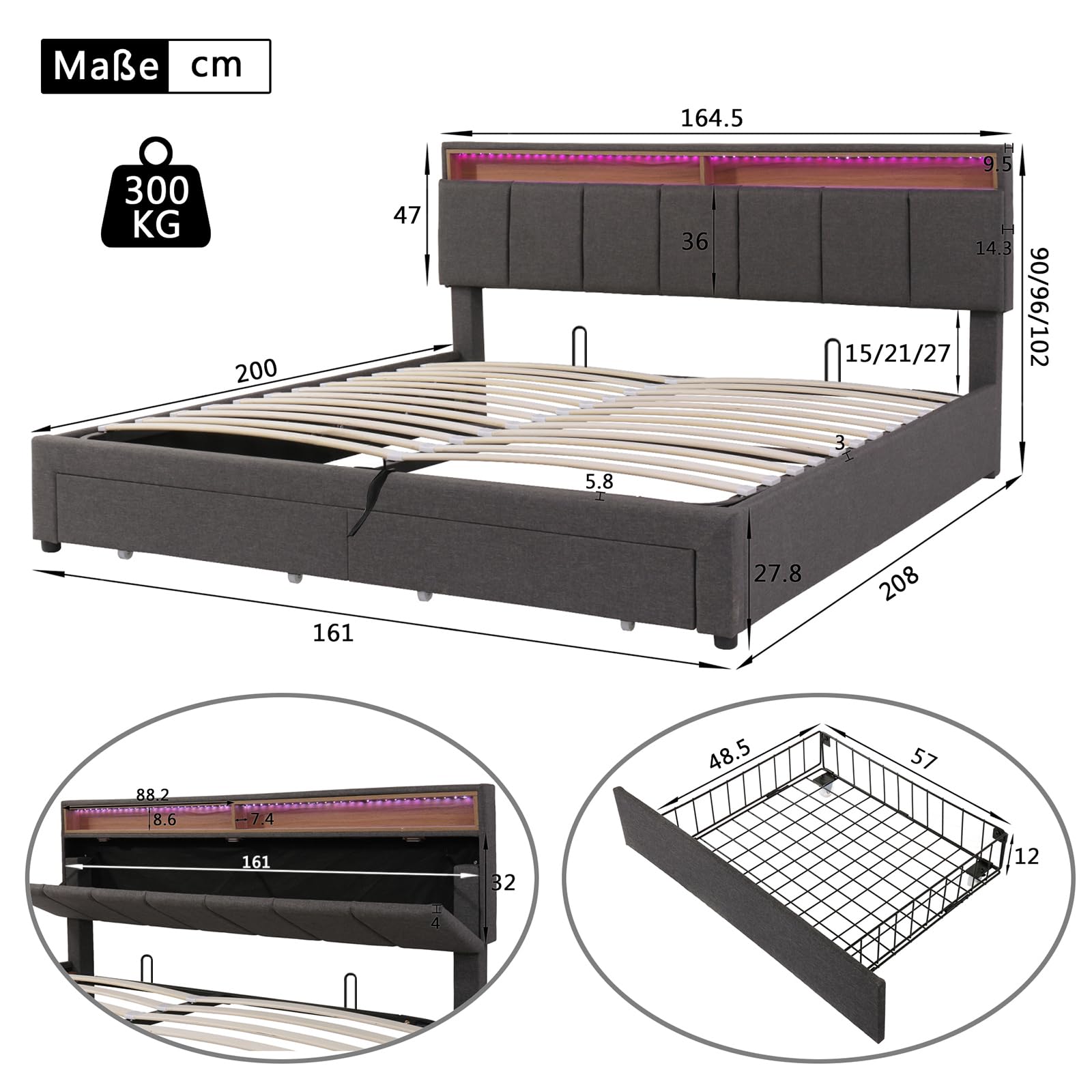 Letto con stoccaggio idraulico 160x200,Letto matrimoniale rivestito con LED,Letti imbottiti con 2 cassetti, letto funzionale giovanile,letti matrimoniali (grigio+lino-A)