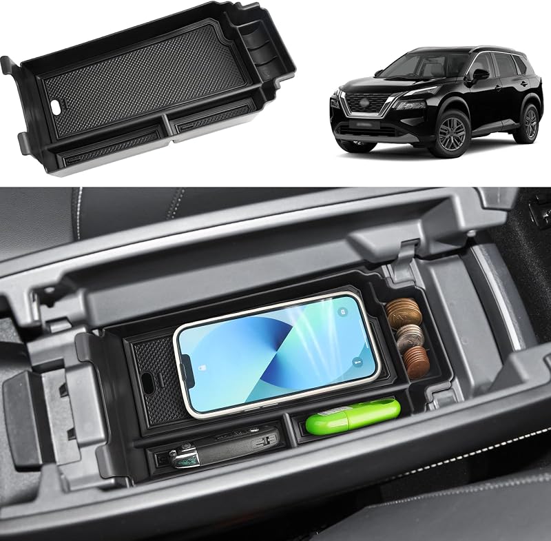 Organizador de consola central Rogue 2021-2025 2026 para Nissan Rogue (S/SV/SL/Platinum/Rock Creek/Dark Armor), ABS duradero y bandeja de consola de goma antideslizante Inserto 2026 2025 Accesorios Rogue (negro)