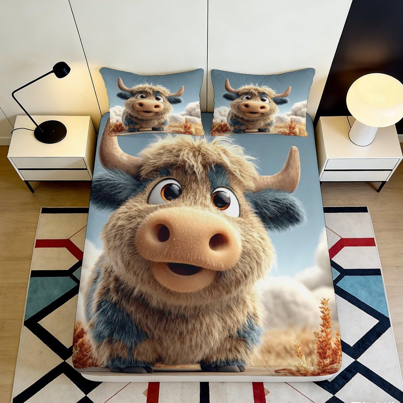 3D Printed Cartoon Highland Cow Fitted Sheet Microfiber Anti-Slip Animal Mattress Cover for Bedroom Dorm Decor 90x200x25cm