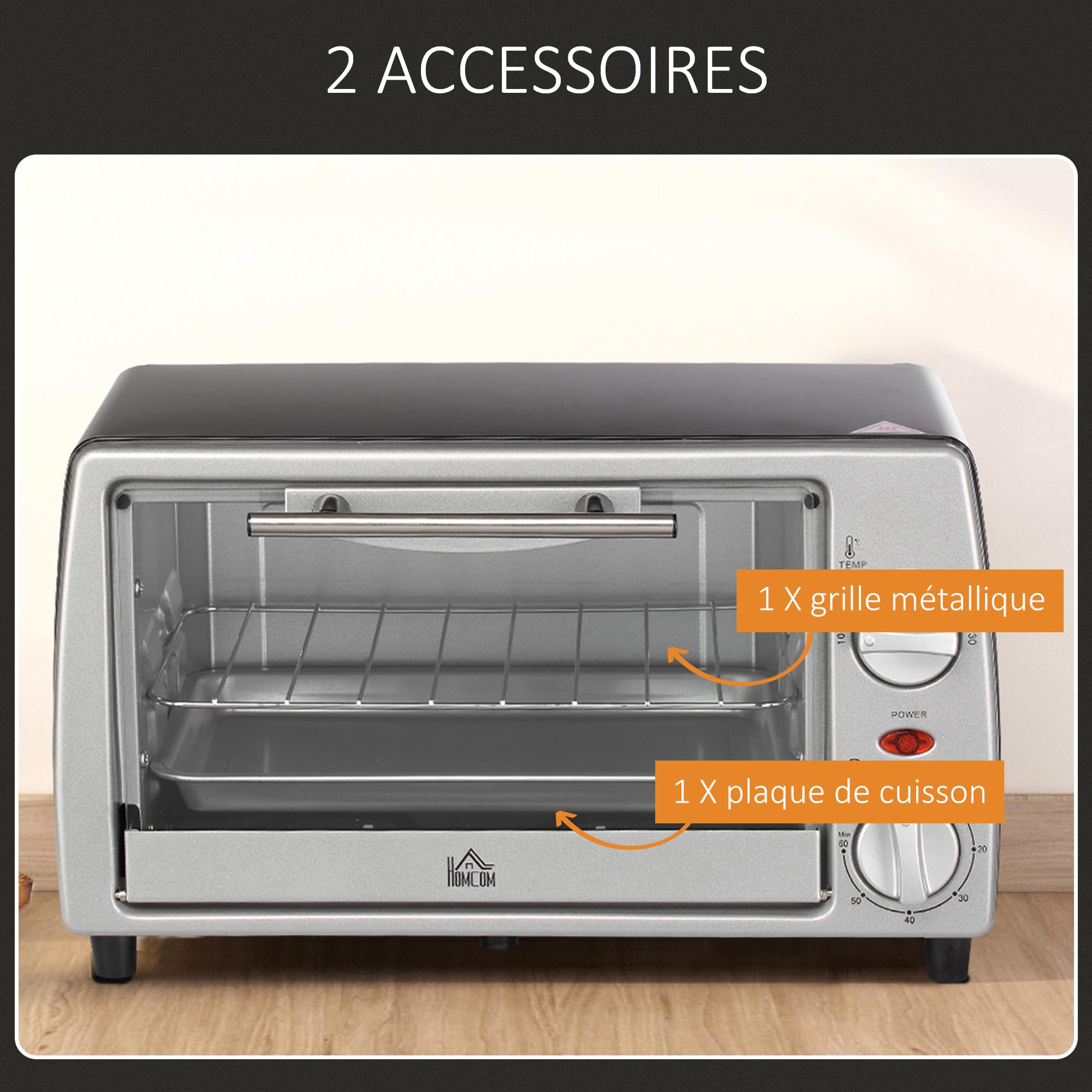 HOMCOM Mini four électrique 10L avec 1 grille et 1 plateau, température réglable de 100°C à 230°C, Minuteur 60 min, 36,5x26x22cm, argent