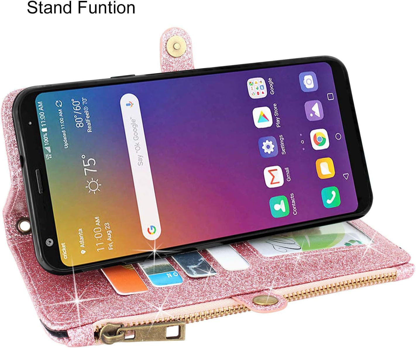 Lacass Premium Leather Flip Zipper Wallet Case Cover Stand Feature with Card Holder and Wrist Strap for LG Stylo 5 / Stylo 5 Plus/Stylo 5V / Stylo 5X (2019) (Rose Gold)