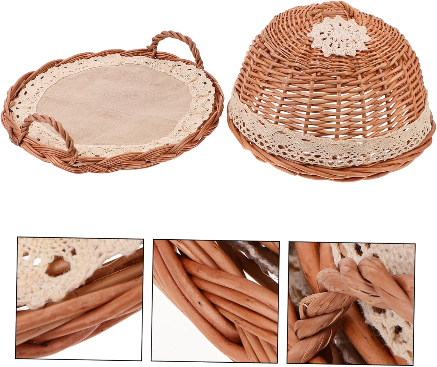 Willow Woven Food Tray Set Cover Round Rattan Bread Basket Kitchen Accessory for Serving Fruits and Bread Handcrafted Decorative Food Cover