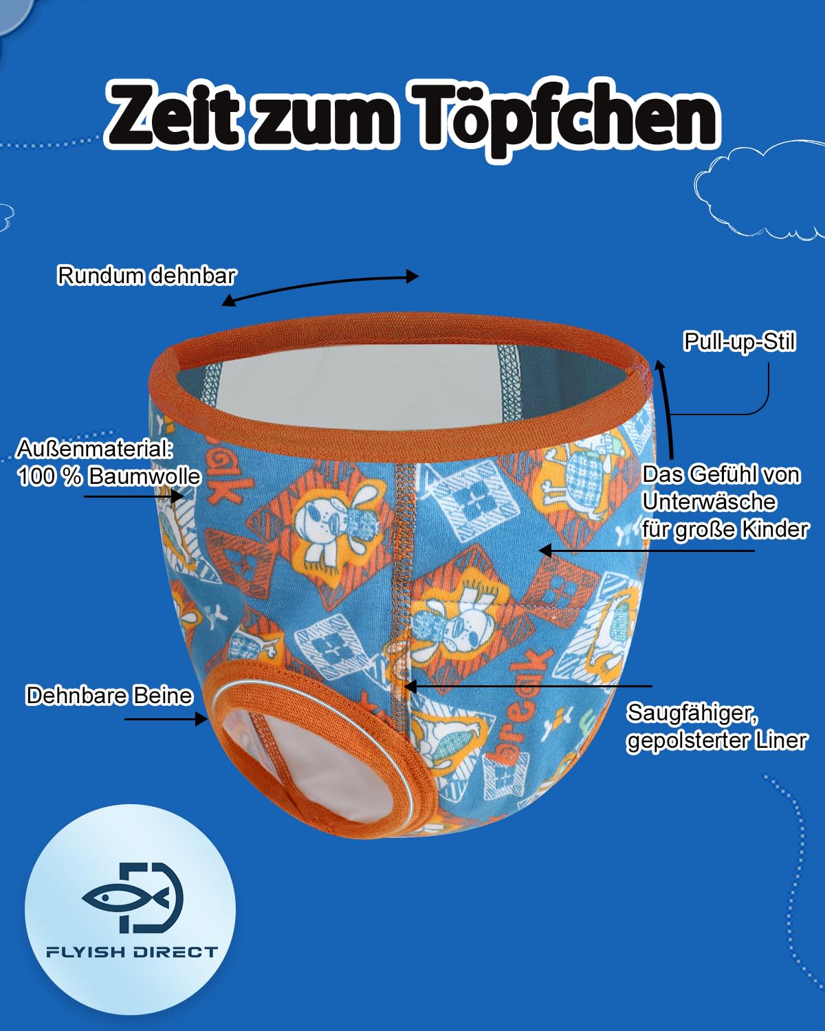 FLYISH DIRECT Töpfchentrainingshose, 100 % Baumwolle, saugfähige Trainingsunterwäsche für Kleinkinder, Jungen und Mädchen, 6 Packungen, wiederverwendbare Töpfchenhose, 9 Jahre, Tier & Auto