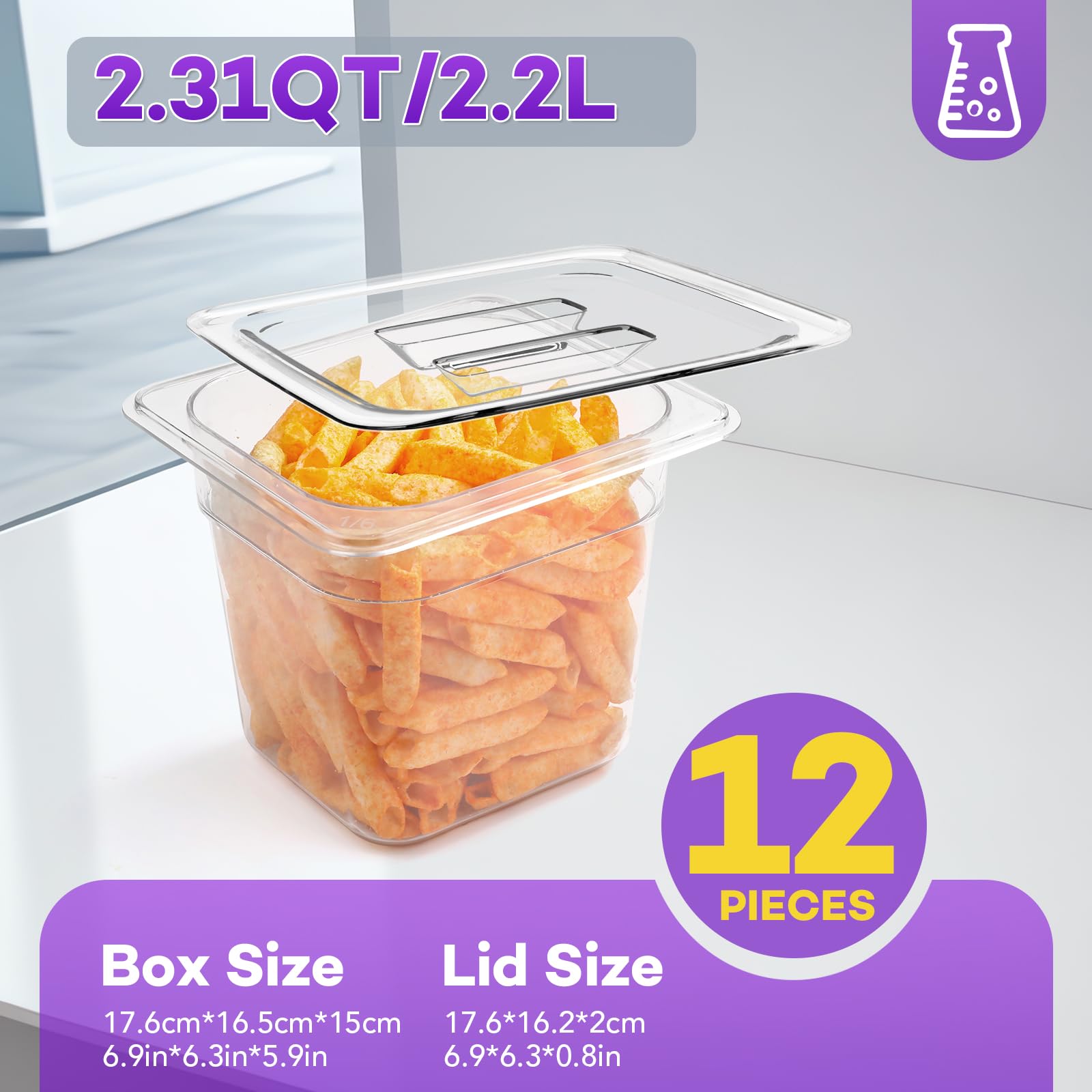 VOISEN Confezione da 12 contenitori per alimenti in plastica con coperchio, contenitori per frutta per frigorifero, 1/6 dimensioni 15,2 cm, in policarbonato trasparente, contenitori per insalata per