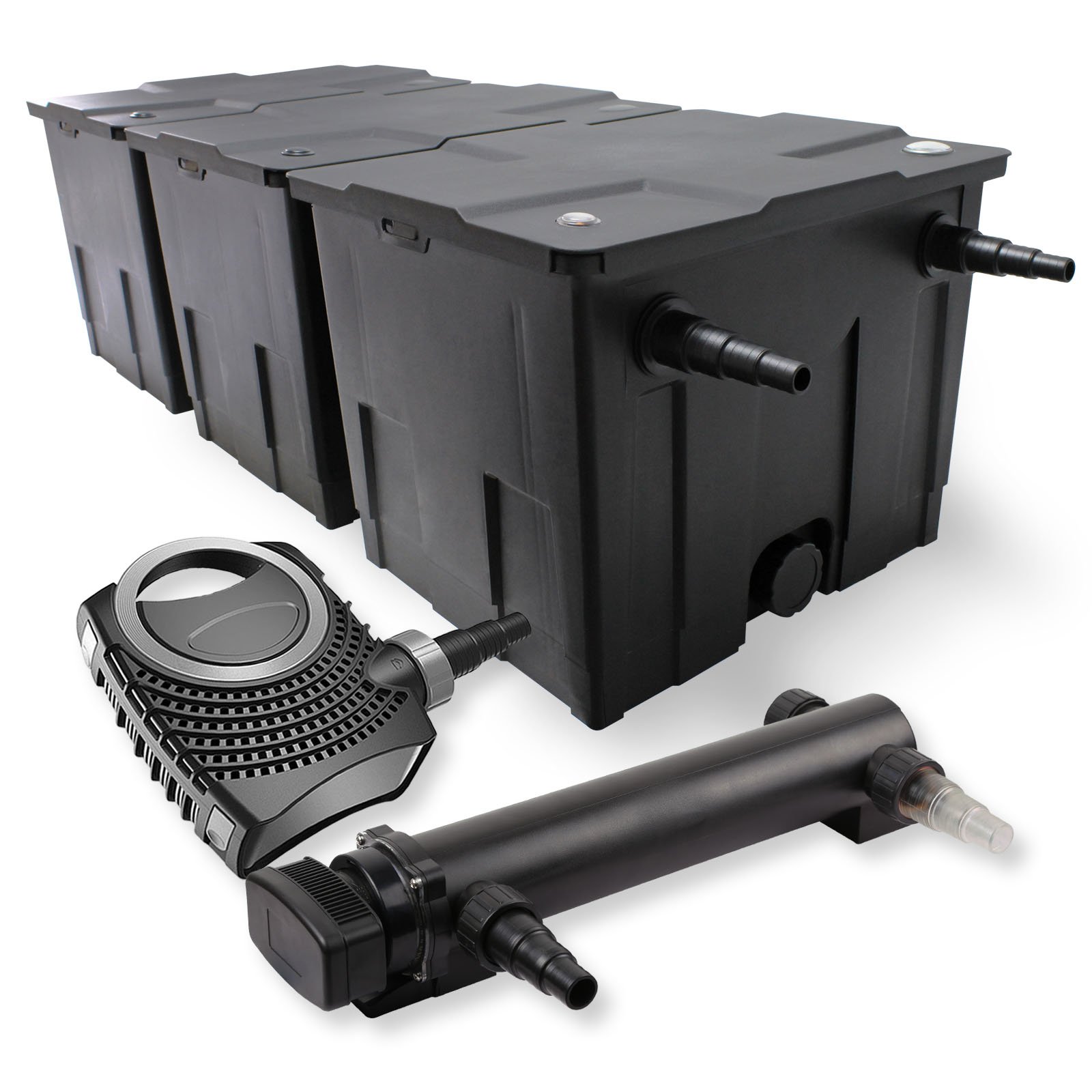 SunSun Komplettset: CBF-350C Teichfilter bis 90000 L Teichfilteranlage als Durchlauffilter, NEO10000 SuperECO Teichpumpe 10000l/h 80W, CUV-336 Teichklärer UVC Klärer mit 36W