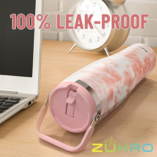 Miniatura 5 de Zukro Vaso de 50 onzas con asa superior, botella de agua de acero inoxidable aislada a prueba de fugas con popote abatible para viajes, al aire