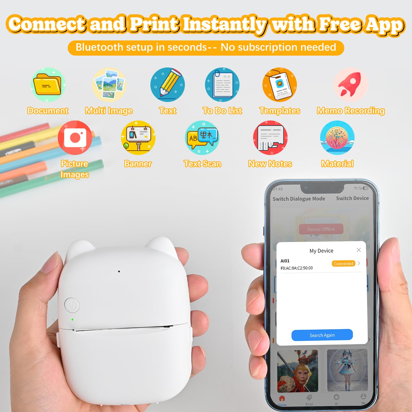 Mini Impresora Térmica Portátil Sin Tinta, Compatible con iOS y Android | Impresión AI, notas de estudio, diario creativo, manualidades DIY, regalo ideal, conexión móvil