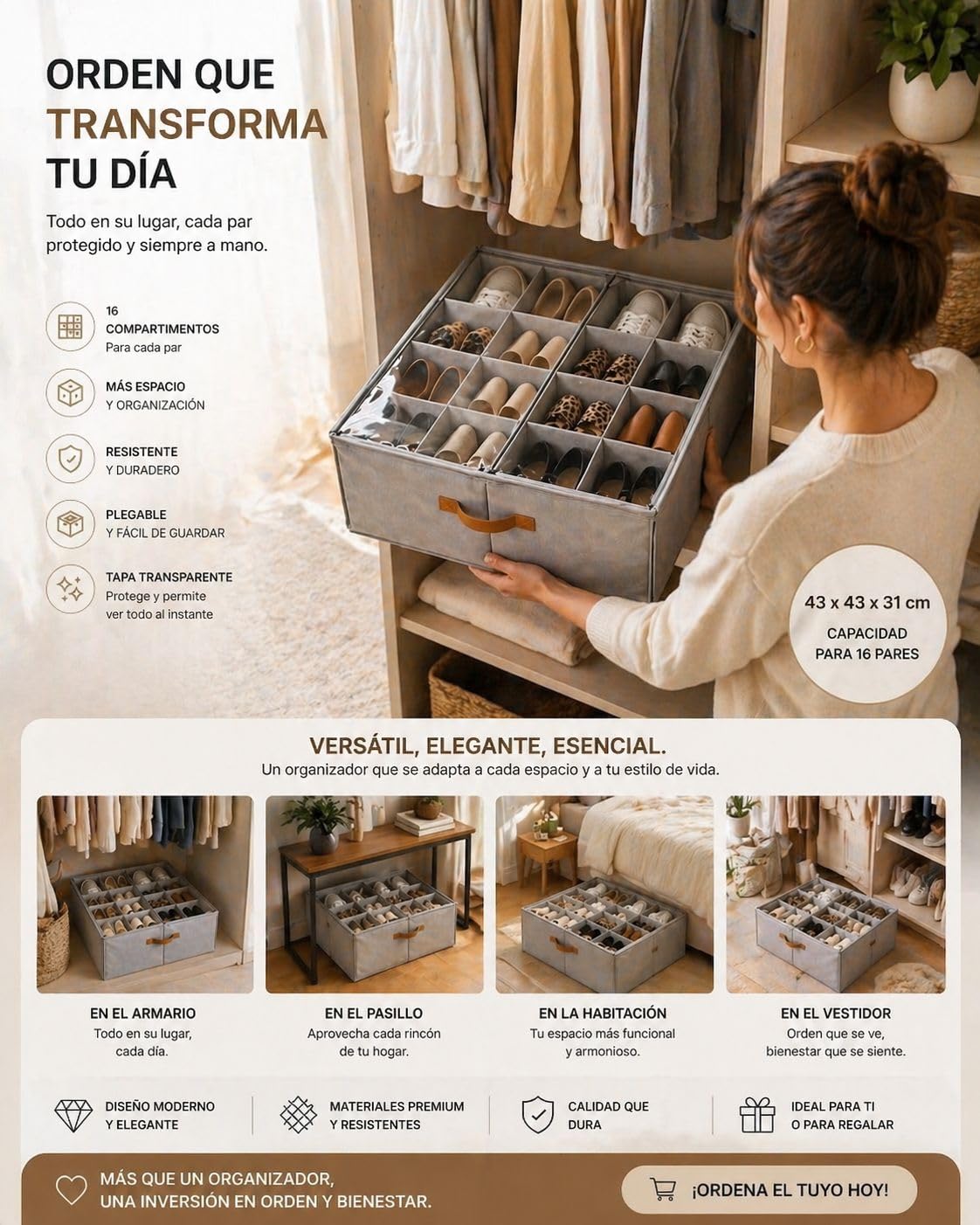 Genérico Organizador de Zapatos Ajustable 16 Compartimentos – Caja Organizadora con Separadores Flexibles, Multiuso para Zapatos Grandes, Ropa y Accesorios – Plegable con Tapa Transparente