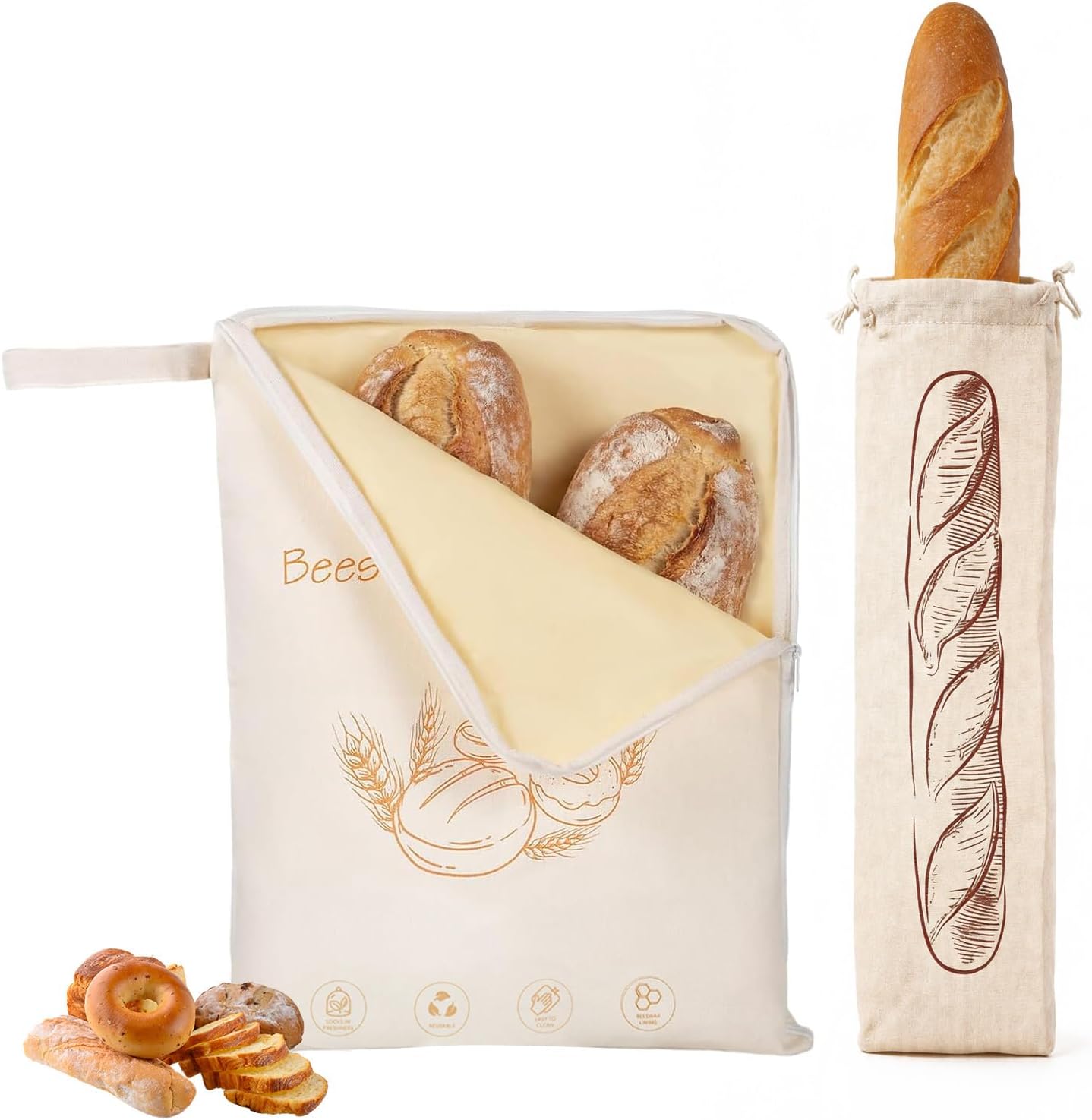 Beeswax Bread Bags, 2 Pack Reusable Bread Bags for Homemade Bread & Sourdough Storage, Organic Beeswax Linen Cotton Sourdough Bag with Zipper Seal+Baguette Bag for Home Bakers to Keep Fresh