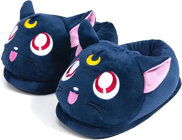 Glopastel Cat Luna Slippers | Cute Anime Moon Fuzzy Slip-On House Shoes | One Size Adults Women Men (Blue)