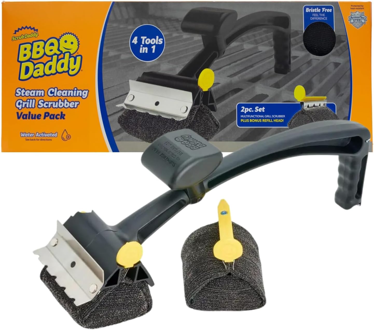 Scrub Daddy BBQ Daddy + Refill Heads - BBQ Cleaning Brush with Scraper & Bottle Opener, Barbeque Grill Cleaner, Wire Bristle Free, Barbecue Cleaner Brushes, High-Tech Cleaning Accessories for Men