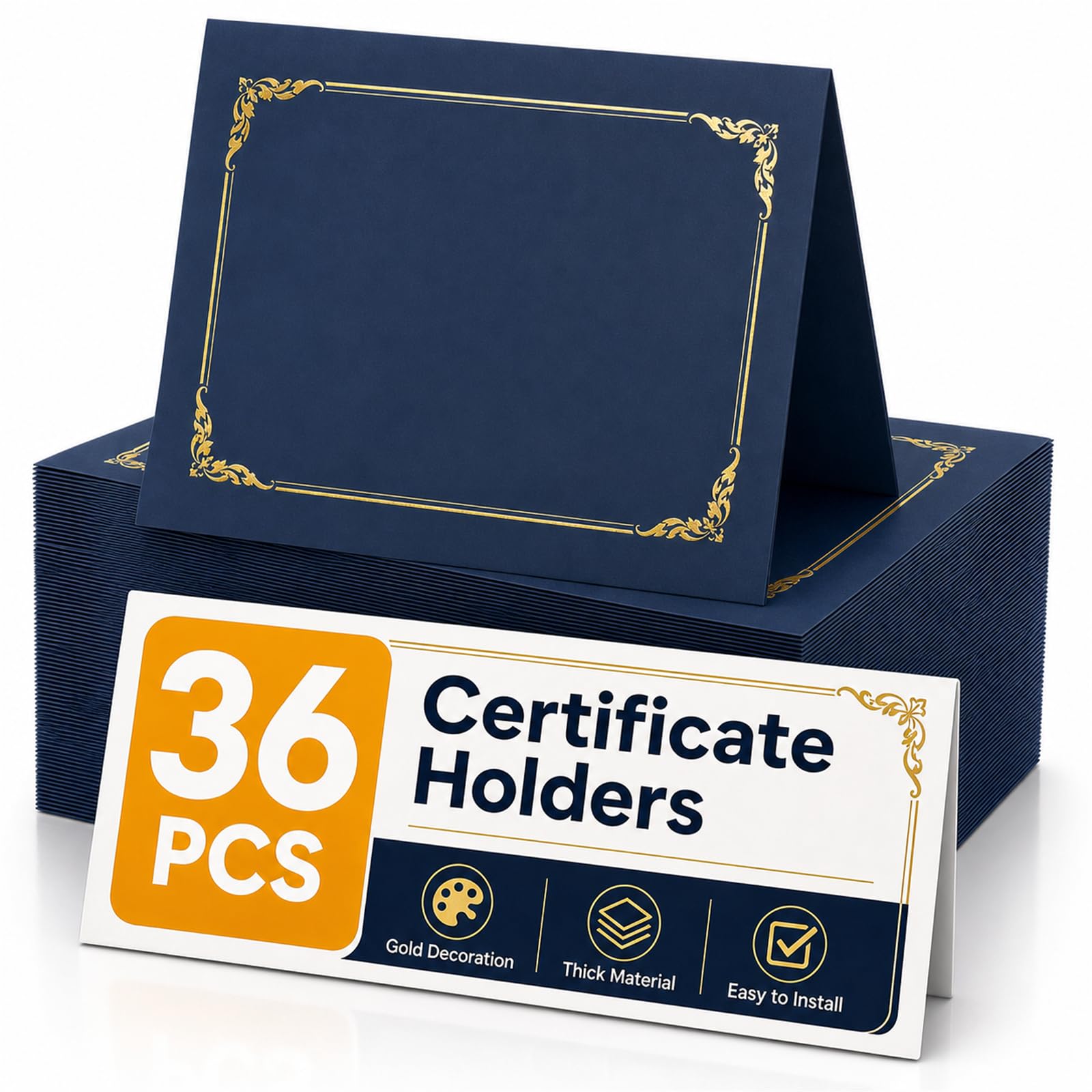36 Packs Certificate Covers, 250gsm Navy Blue Diploma Holders with Gold Foil Border, Suitable for Inner Pages with a Size of 8.5x11 Award Certificates,Document Papers, Paper Card Stock