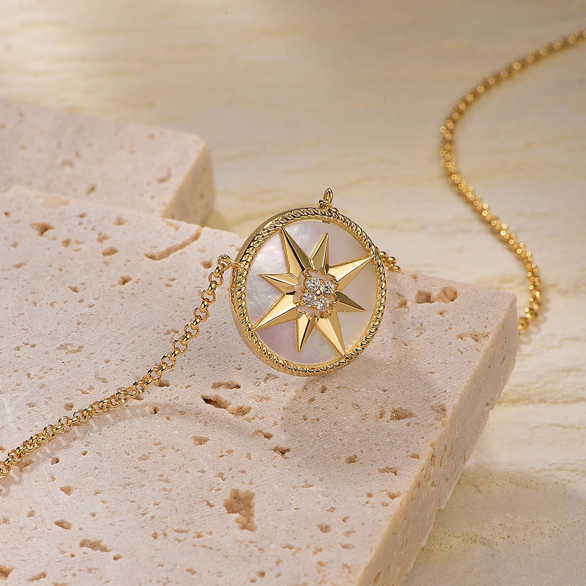 Miss mimi North Star Compass Necklace, 18K Gold Plated, Synthetic Malachite or Mother of Pearl Inlay, Adjustable 15.75+2.75 in Layering Pendant, Dainty Celestial Lucky Talisman Jewelry