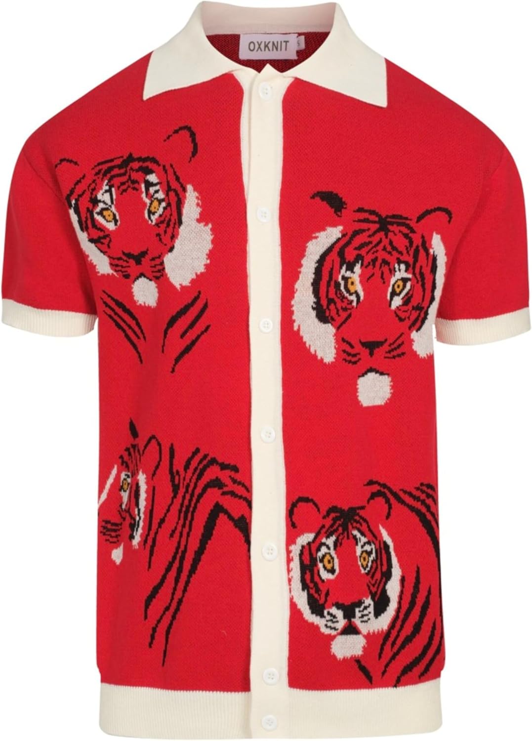 OXKNIT Men's Knitted Vintage Polo Shirt, 1960s Mod Style V-Neck Retro Polo Animal Pattern Shirt with Button Red