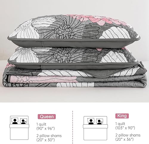 Miniatura 7 de Anibedding Juego de colcha de 3 piezas con estampado floral, tamaño Queen, color rosa, bohemio, ligero, tamaño Queen con 2 fundas de almohada para