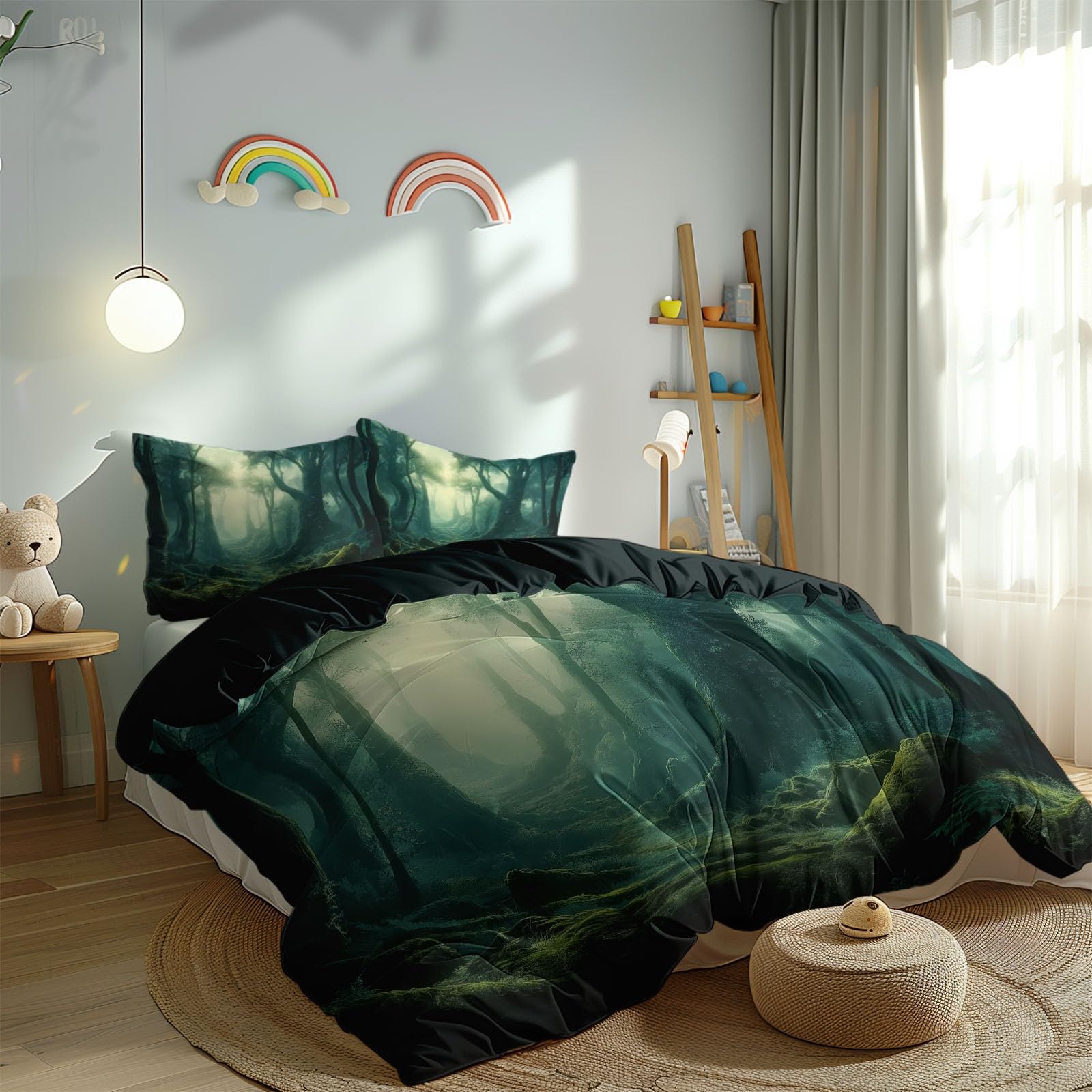 Komplet pościeli 240 x 220 cm tajemniczy las poszwa na kołdrę z mikrofibry 2-osobowa dla dzieci nastolatka dziewczyna, ciemnozielona poszwa na kołdrę i 2 poszewki na poduszki 65x65 cm