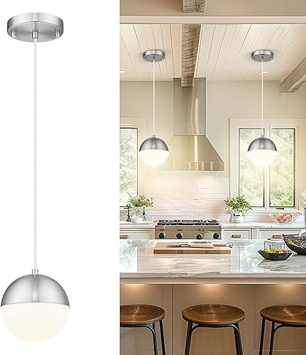 Miniatura 31 de LMS LMS-186BNC - Moderna lámpara colgante de 1 luz, lámpara colgante de isla de cocina de níquel cepillado con vidrio de globo transparente, varilla