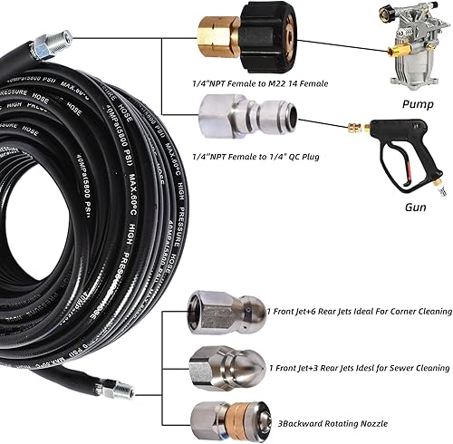 Miniatura 2 de Kit de chorro de alcantarillado para lavadora a presión 5800 PSI manguera limpiadora de drenaje 14 hembra NPT, nariz de botón, adaptador de lavadora
