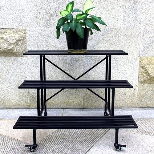 Zhongma Carrito de jardín móvil de 3 niveles, soporte de metal resistente para plantas, estante para plantas de jardín con ruedas