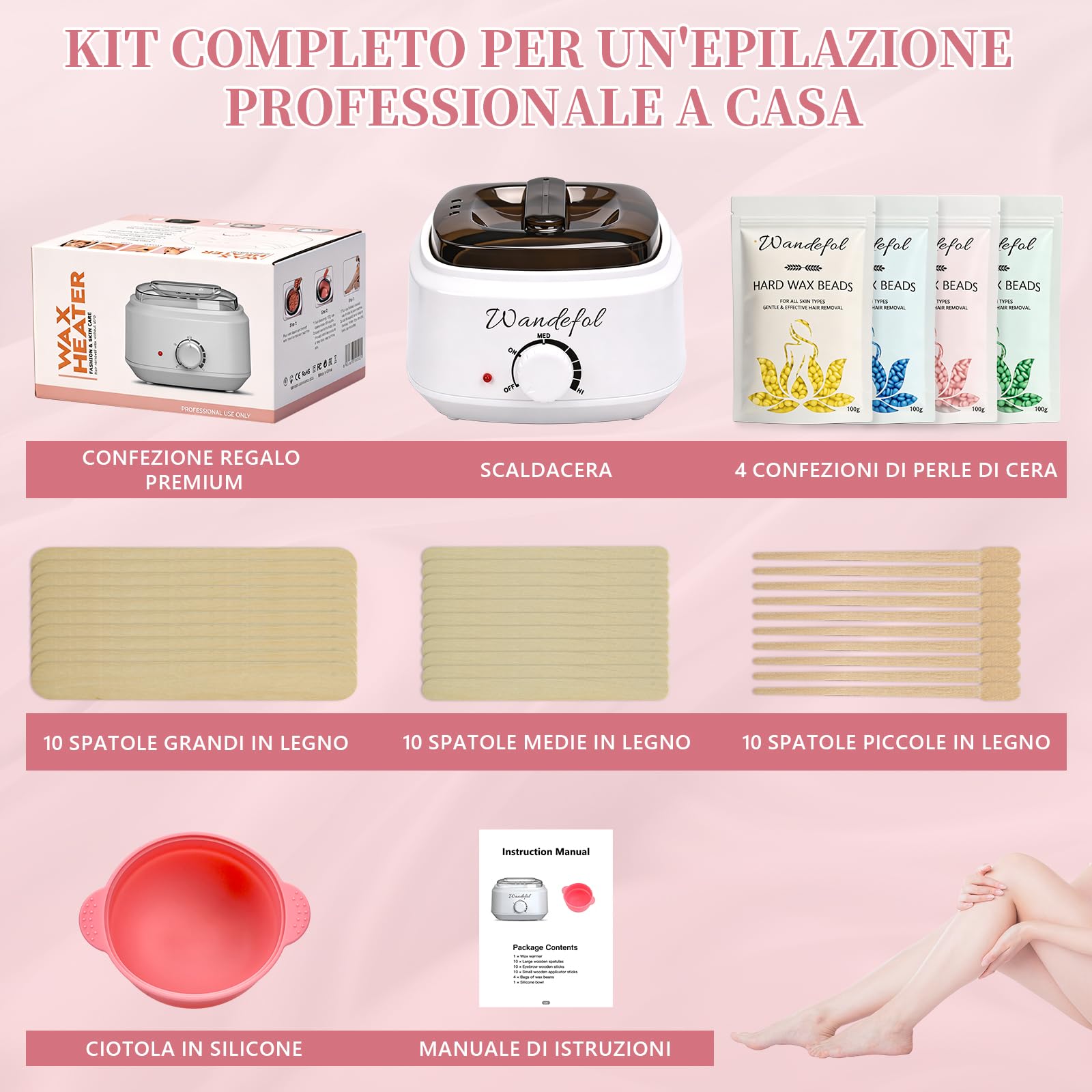 Kit Cera Brasiliana Ceretta Brasiliana - Scaldacera con 4x100g Perle di Cera Brasiliana, Ciotola in Silicone, Spatole - Cera Brasiliana per Viso, Corpo & Zona Bikini
