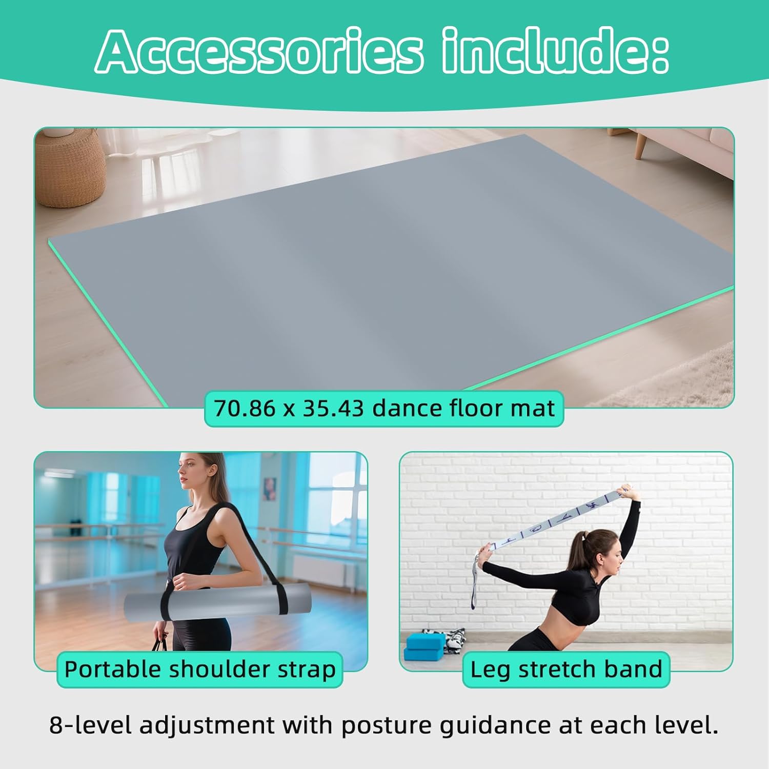Dance Floor Mat Non-Slip with Shoulder Strap Portable and Dance Resistance Band, Dance Floor for Ballet,Jazz, Pop Thick PVC Practice Floor Reusable Mat