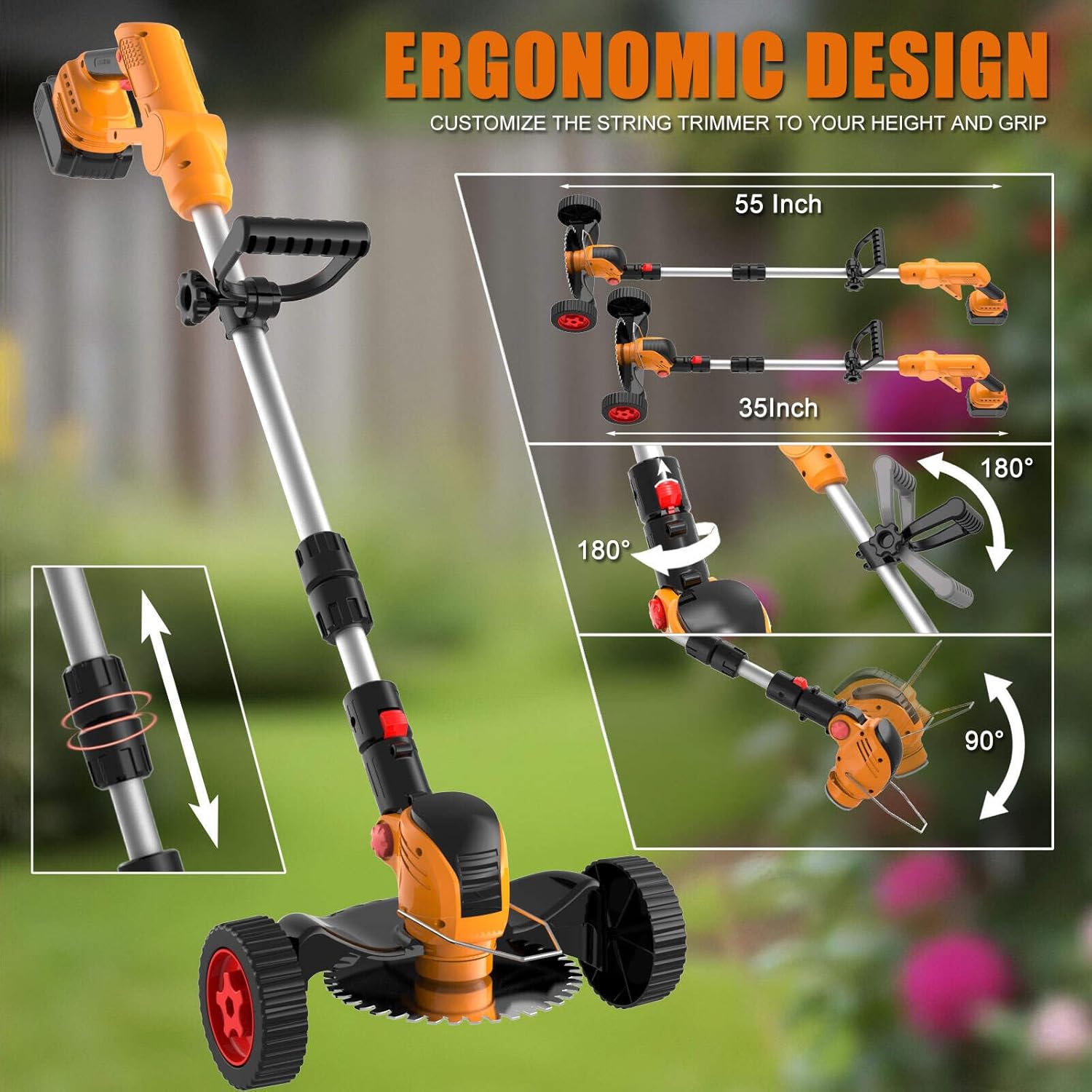 Cordless Electric Weed Wacker Battery Powered, 21v Lightweight Weed Trimmer Eater With 2 4.0Ah Battery Operated & Charger & Wheels & Shears, 3 In1 Grass Trimmer/Brush Cutter/Lawn Edger for Yard Garden