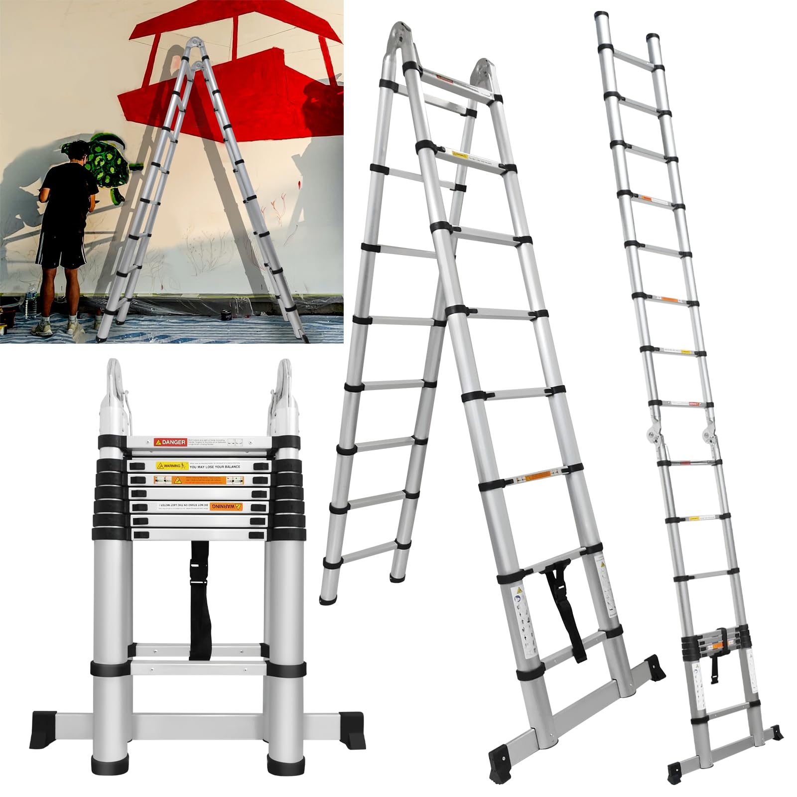 VickyHome 2.5M/8.2FT Multi Tool Telescopic Ladder A Type Ladder, Loft Ladder Ladders Extendable Step Ladder Attic Ladders with Adjustable Step & Rubber Feet, Max Load 150kg, EN131