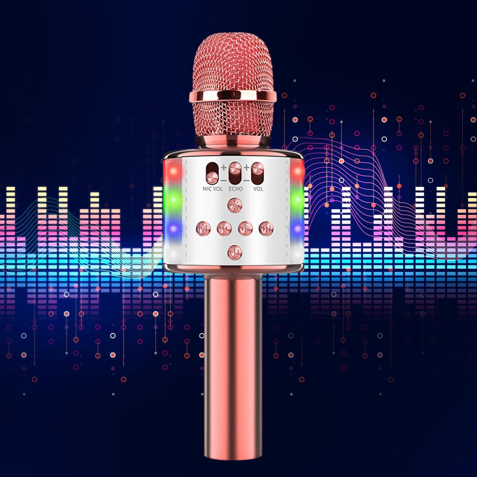 Mikrofon do karaoke 4 w 1, profesjonalna jakość dźwięku i LED, przenośny mikrofon dla dzieci i dorosłych, idealny na imprezy domowe - różowe złoto biały