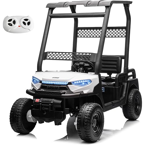 24V 2 Seater Kids Ride on Car, 4WD Golf Cart with Parent Remote Control, 4x4 Motors Ride on Truck with Roof, Toddler Electric Vehicle with Storage Box, Foot Pedal, Music Player, Lights, Horn, White