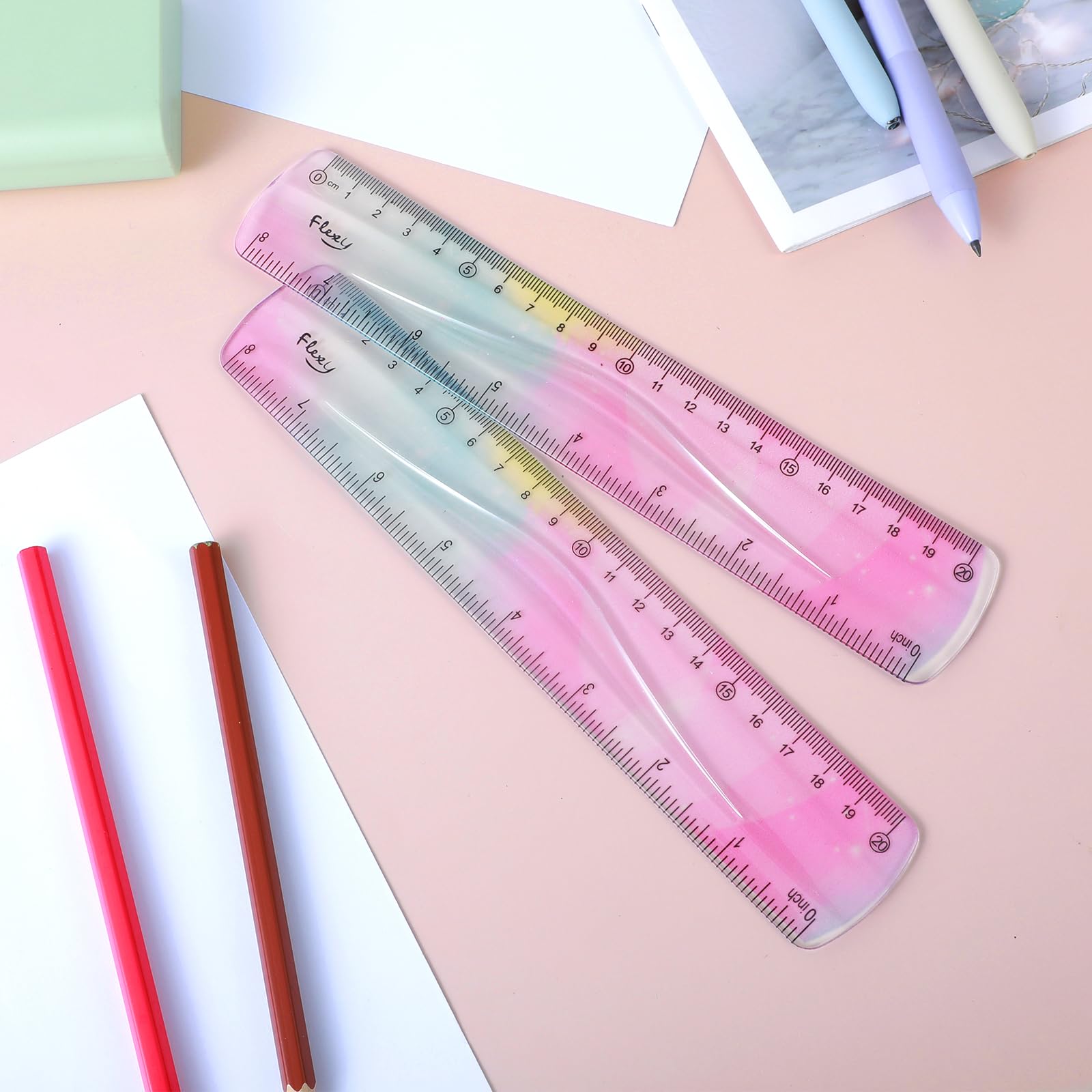 2pcs Flexible Ruler - 8 inch Bendable, Soft Plastic Shatterproof Straight Edge, Clear Gradient Colored with Centimeter for School & Office - Image 6