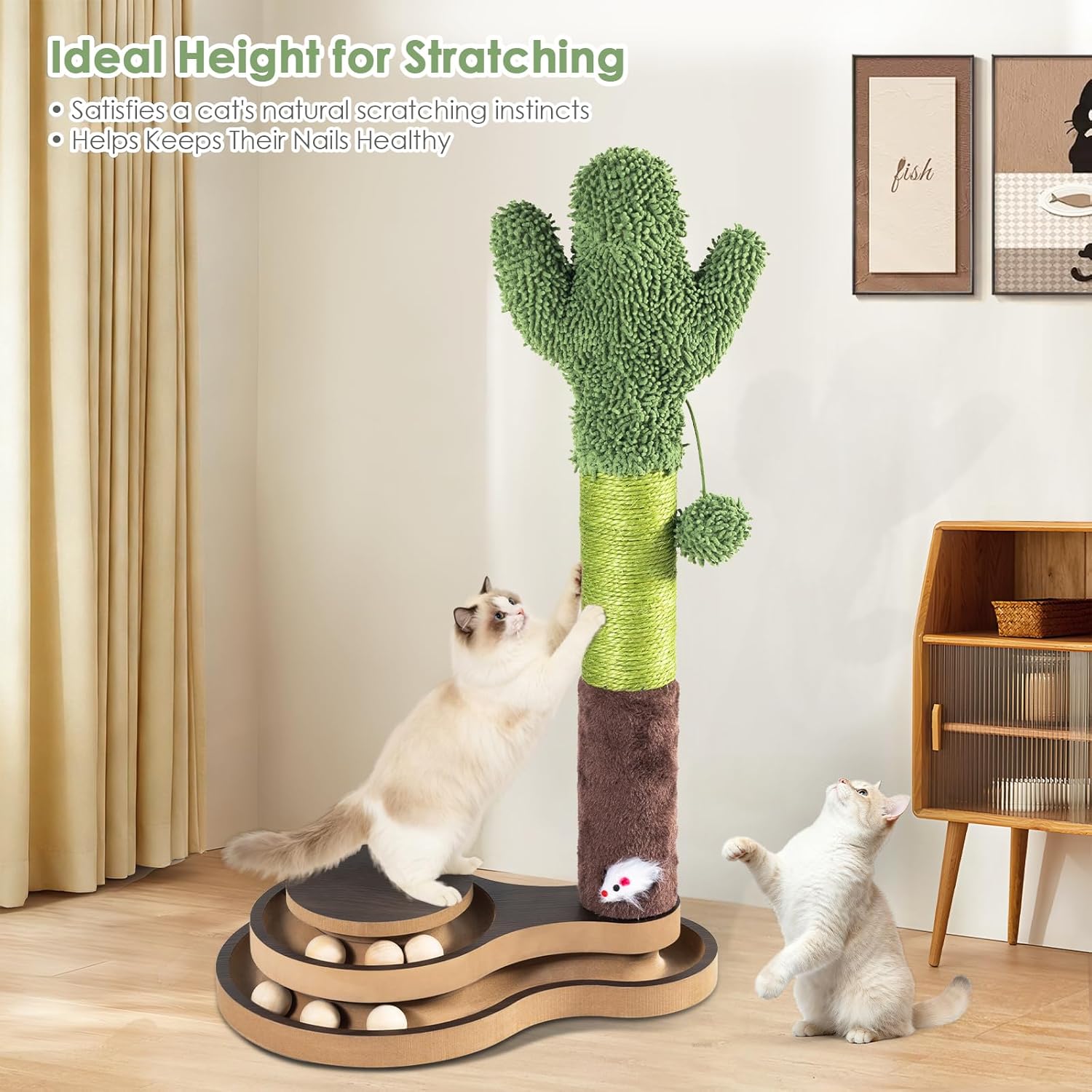 Cat Toys Cactus Cat Scratching Post, Natural Sisal Scratcher with Interactive Track Ball & Hanging Toys, Stable Anti-Tip Base Multi-Functional Cat Toy for Multi-Cat Households & Indoor Cats