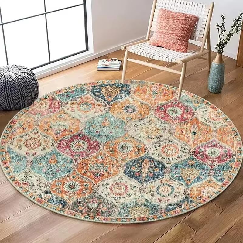 Tapis rond imprimé bohème lavable 130 cm pour salon et chambre moderne