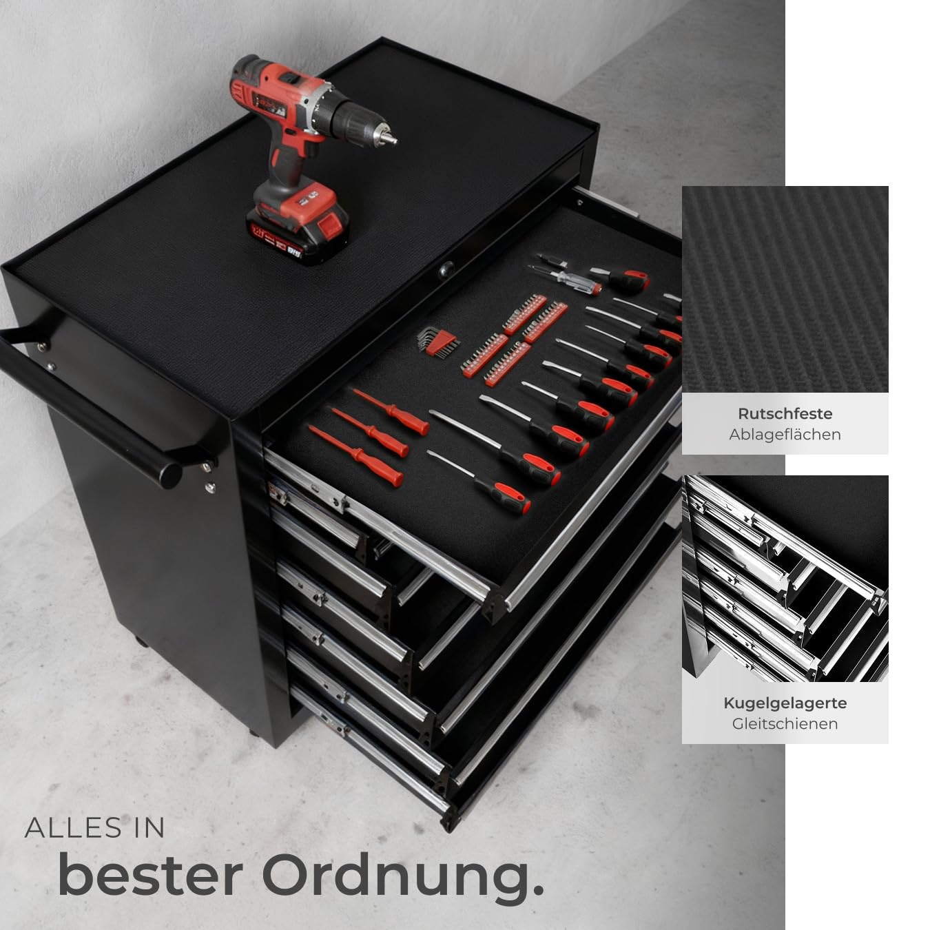 tectake Werkzeugwagen, Werkstattwagen, rollende Werkstatt, Werkzeugwagen leer, Werkzeugbox, 7 Schubfächer, 69 x 33 x 79 cm, Rollen mit Bremsen, inkl. 2 Schlüssel - schwarz
