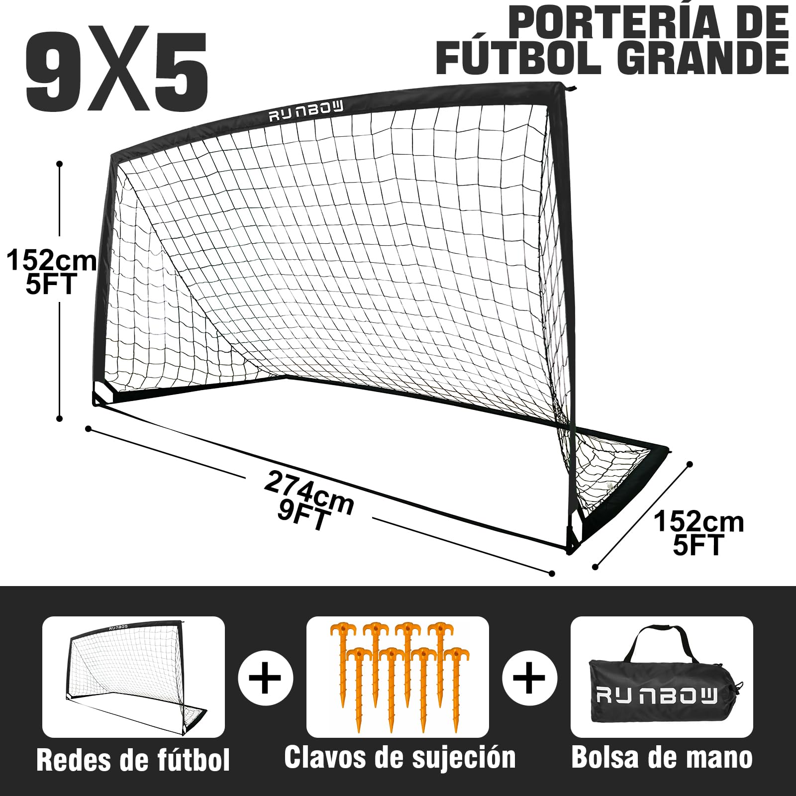 Portería de fútbol para niños de 274 x 152 cm, Red de fútbol portátil para práctica Juvenil en el Patio Trasero con Bolsa de Transporte