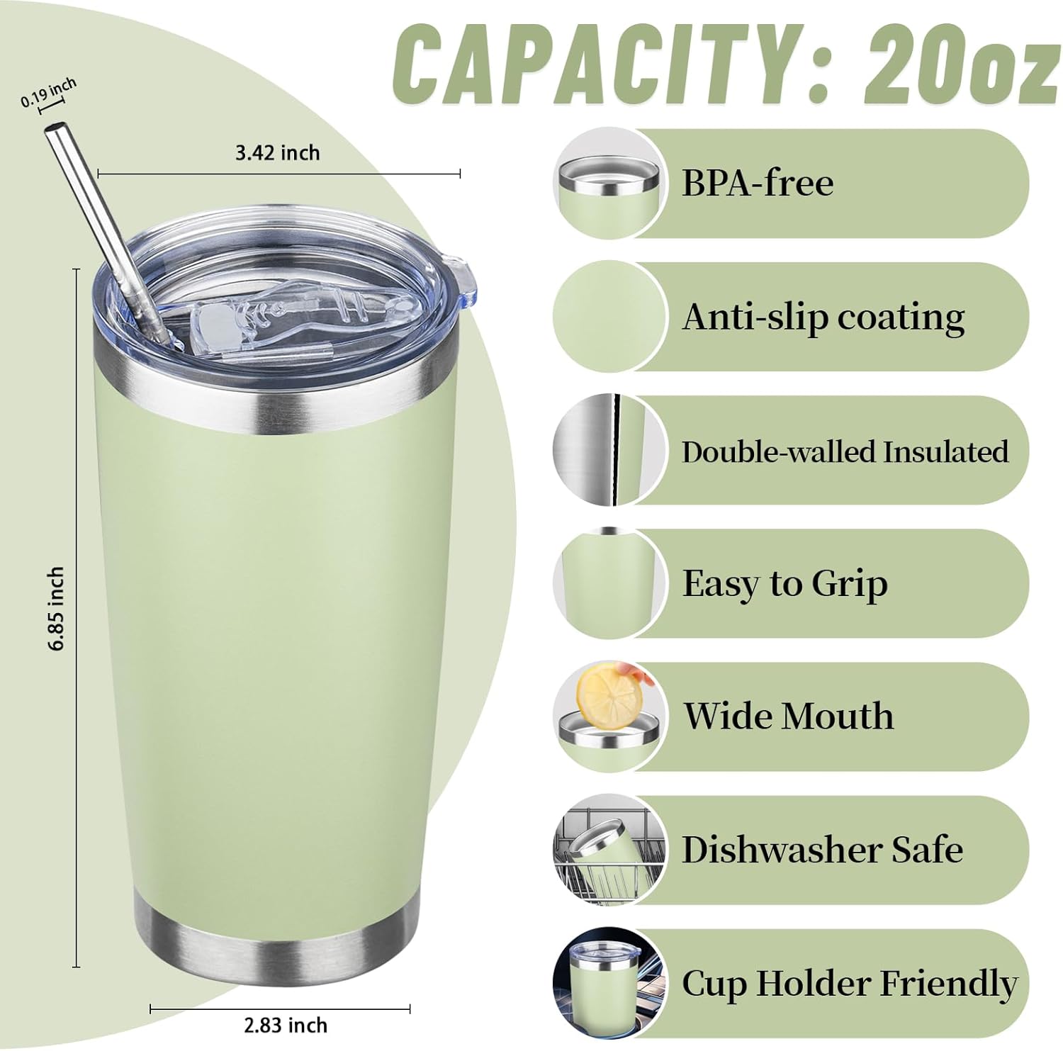 20 oz Tumbler with Lids and Straws, Stainless Steel Insulated Travel Coffee Mug, Double Wall Vacuum Insulated Tumblers, Powder Coated Coffee Tumbler for Cold & Hot Drinks (Green Tea) - Image 2