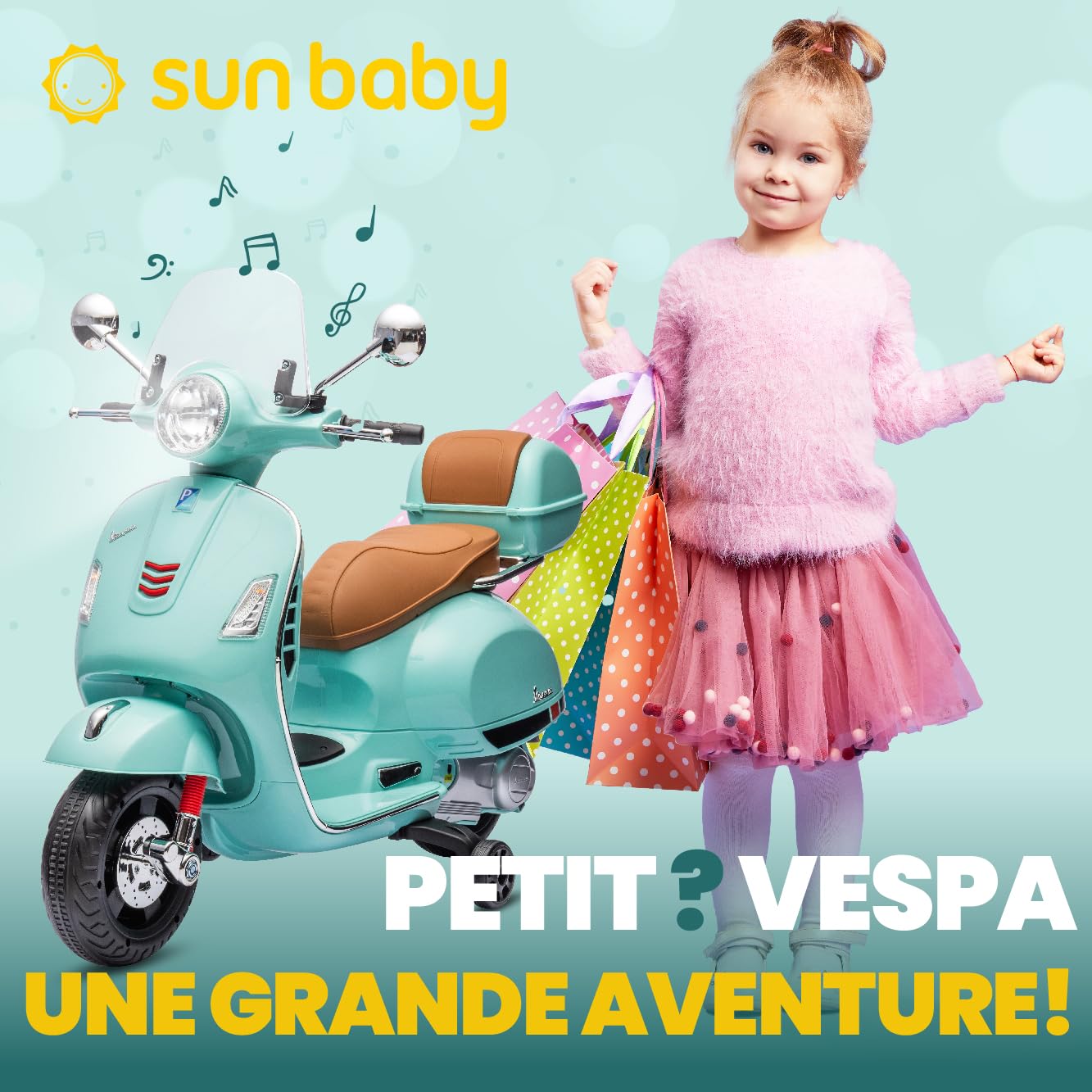 Vespa Scooter Moto électrique pour Enfants avec Roues et siège en Plastique, Coffre, Lecteur MP3, Prise AUX MicroSD USD (Turquoise)