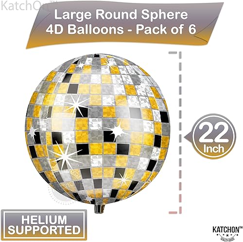 Miniatura 4 de KatchOn, Globos grandes de bola de discoteca – 22 pulgadas, paquete de 6 | Globos de discoteca en 4D color negro, plateado y dorado para despedida