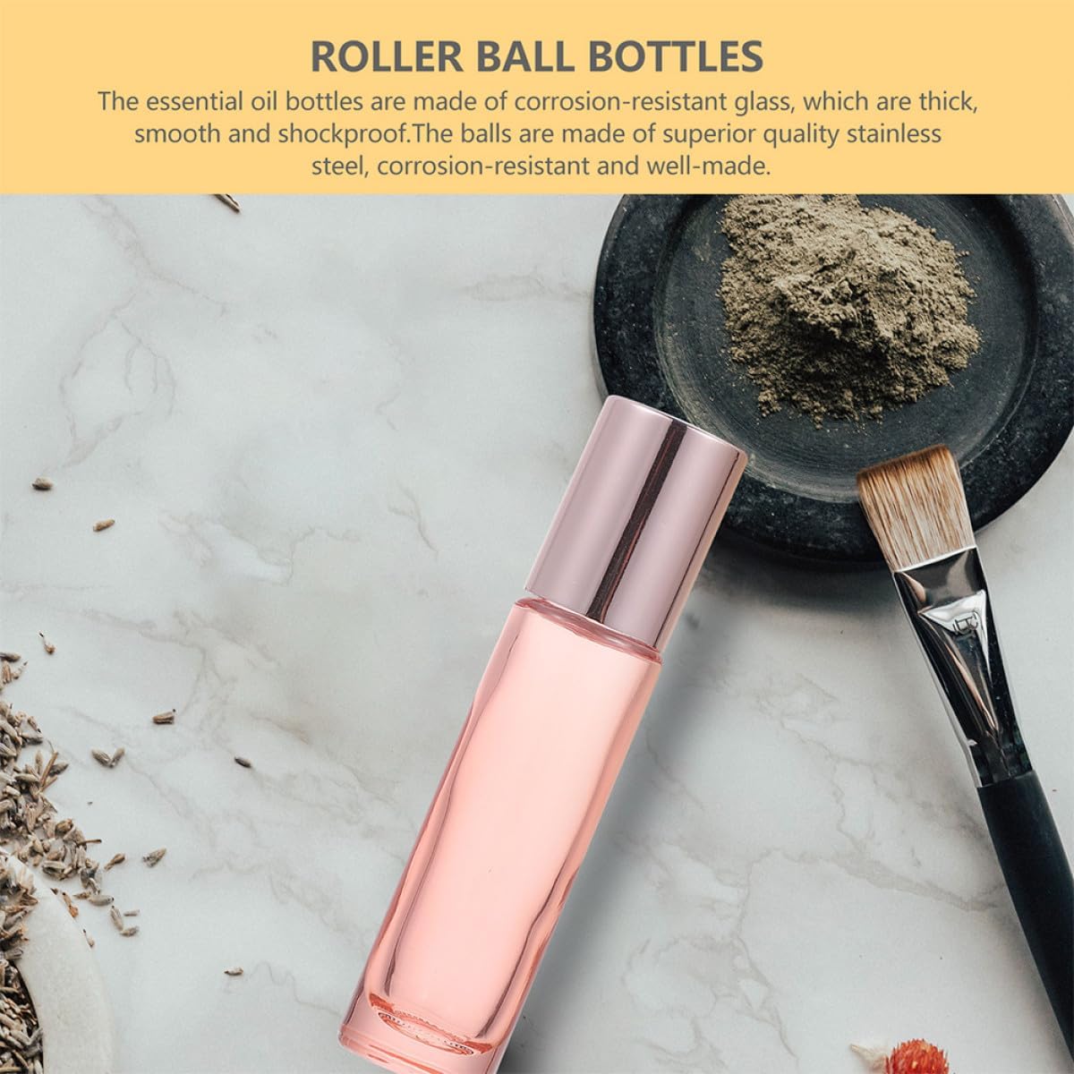 12pcs 10ml Rose Gold Matte Glass Roller Bottles Refillable Cosmetic Essential Oil Sub Bottles for Travel Aromatherapy and Toiletries Storage