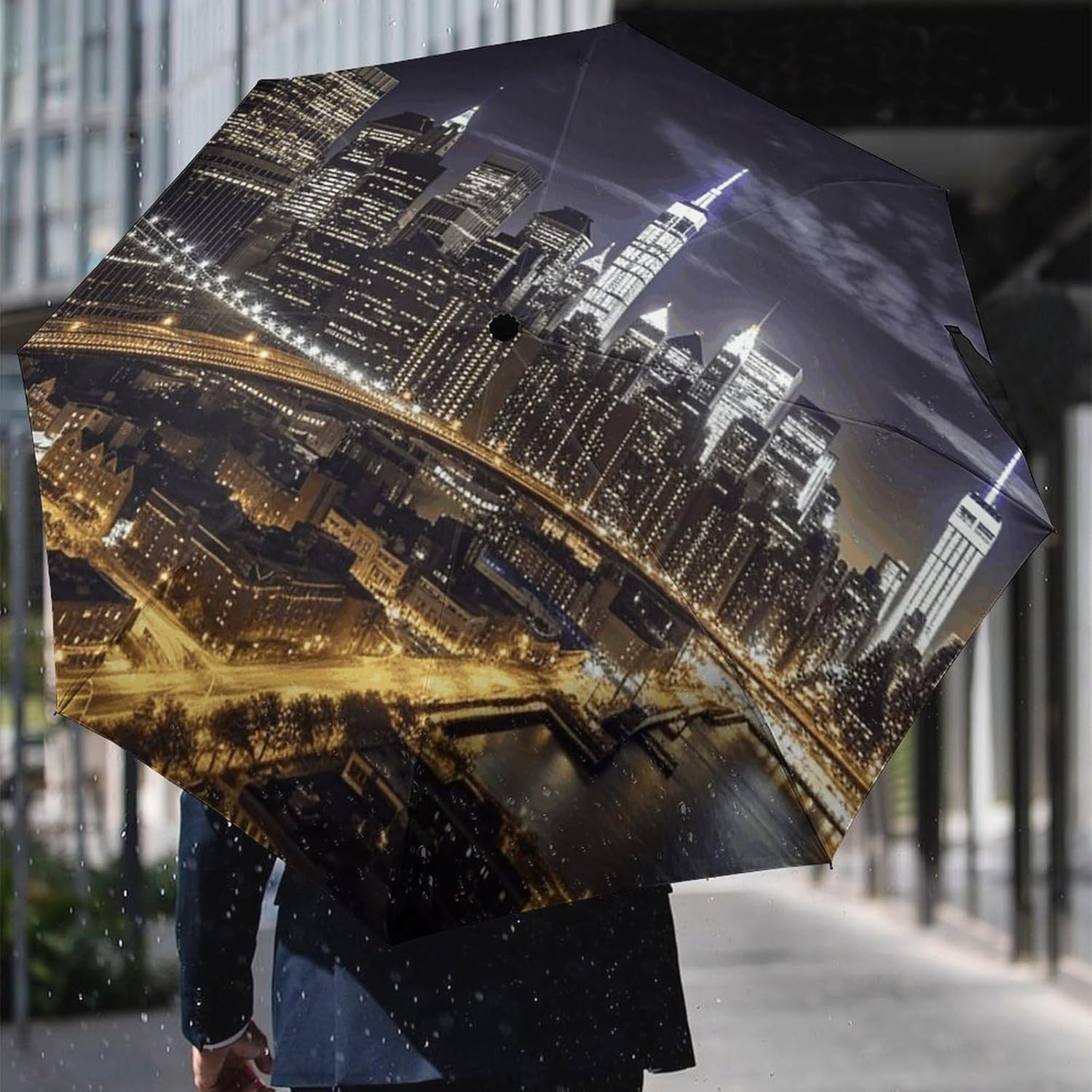 Windproof Travel Umbrella New York Night Printed Auto/Manual Folding Umbrella for Rain And Sun - Durable, Light & Portable for Women & Men