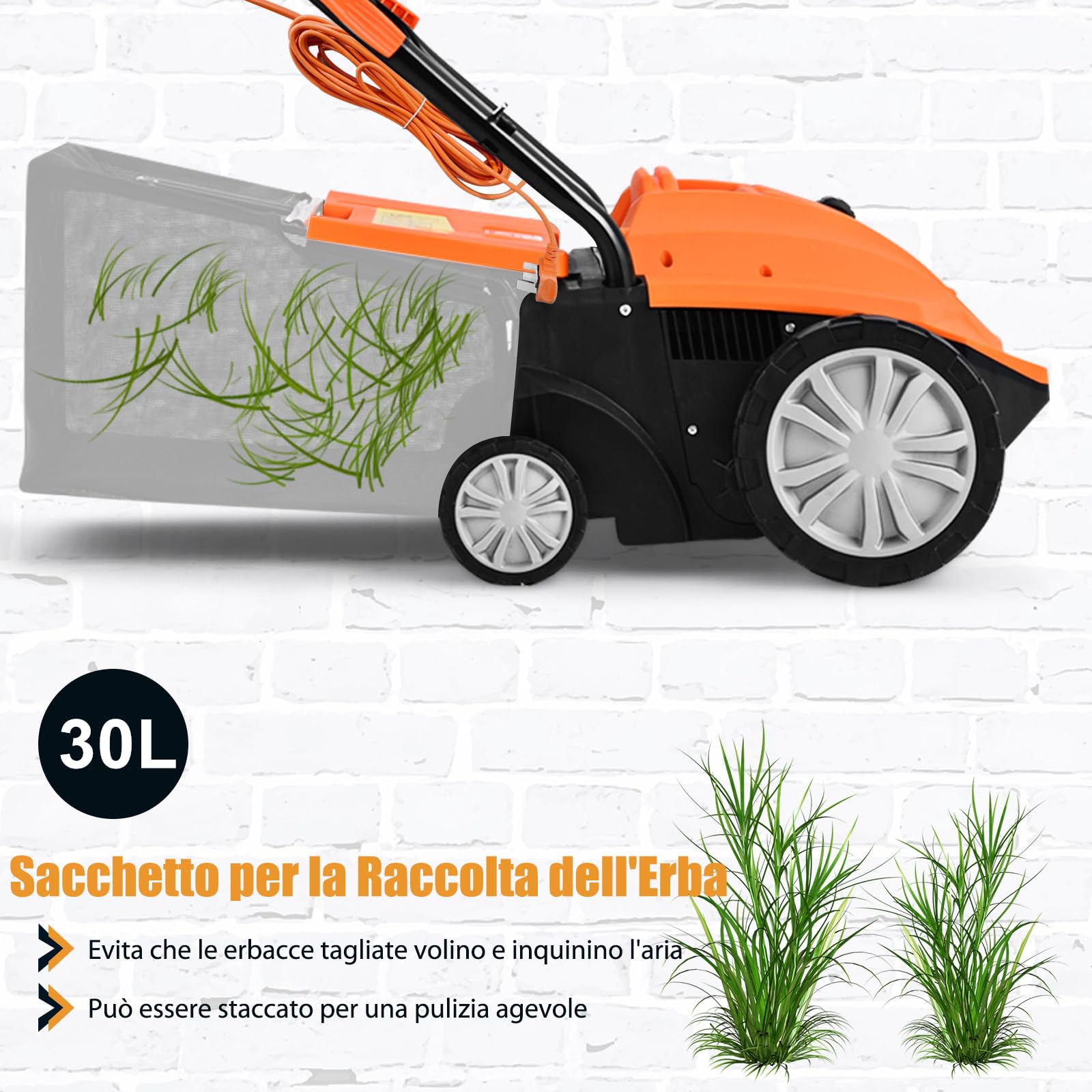 GOPLUS Escarificador Eléctrico 2 en 1, con Bolsa de Recogida de 30L/45L, Aireador de Césped con Altura Ajustable en 4 Niveles, 2 Cuchillas Extraíbles y Asa Plegable (30L,Naranja)