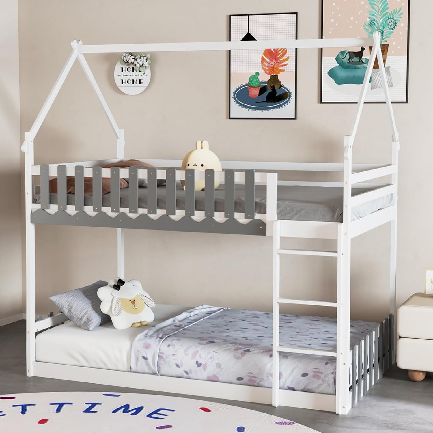 KOTEK House Bunk Bed Twin Over Twin, Low Bunk Bed Frame with Ladder & Fence, Floor Bunk Beds for Kids, Boys & Girls, No Box Spring Needed (White)