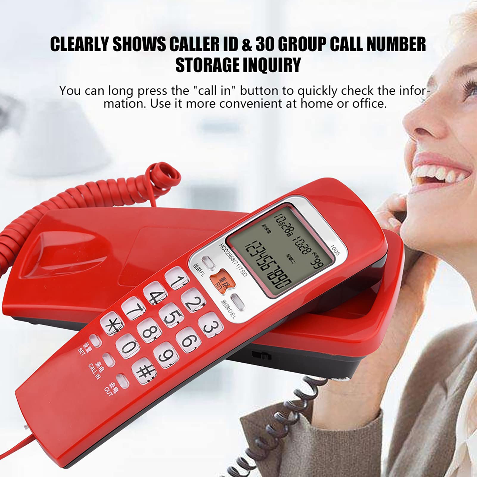 Telefon przewodowy, telefony stacjonarne do montażu naściennego w domu, ze standardową identyfikacją dzwoniącego FSK/DTMF, funkcją wywołania zwrotnego, funkcją odtwarzania jednym klawiszem (czerwony