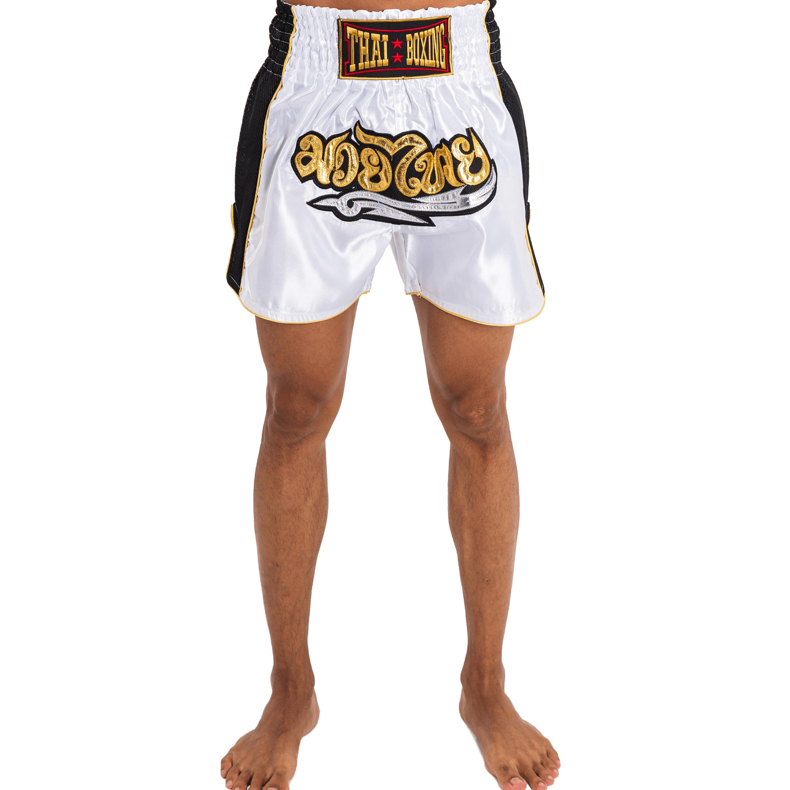 MUAY NATION Muay Thai Shorts for Men Women Slim Cut MMA Boxing Shorts Training Kickboxing Workout Clothing Martial Arts Trunks (Medium, Classic White)