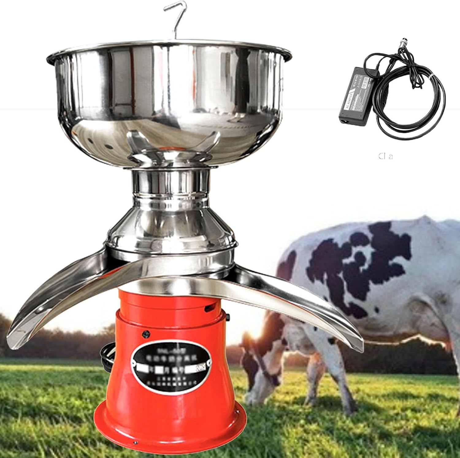 Generic Milk Separator Machine with power cord and a cow in the background