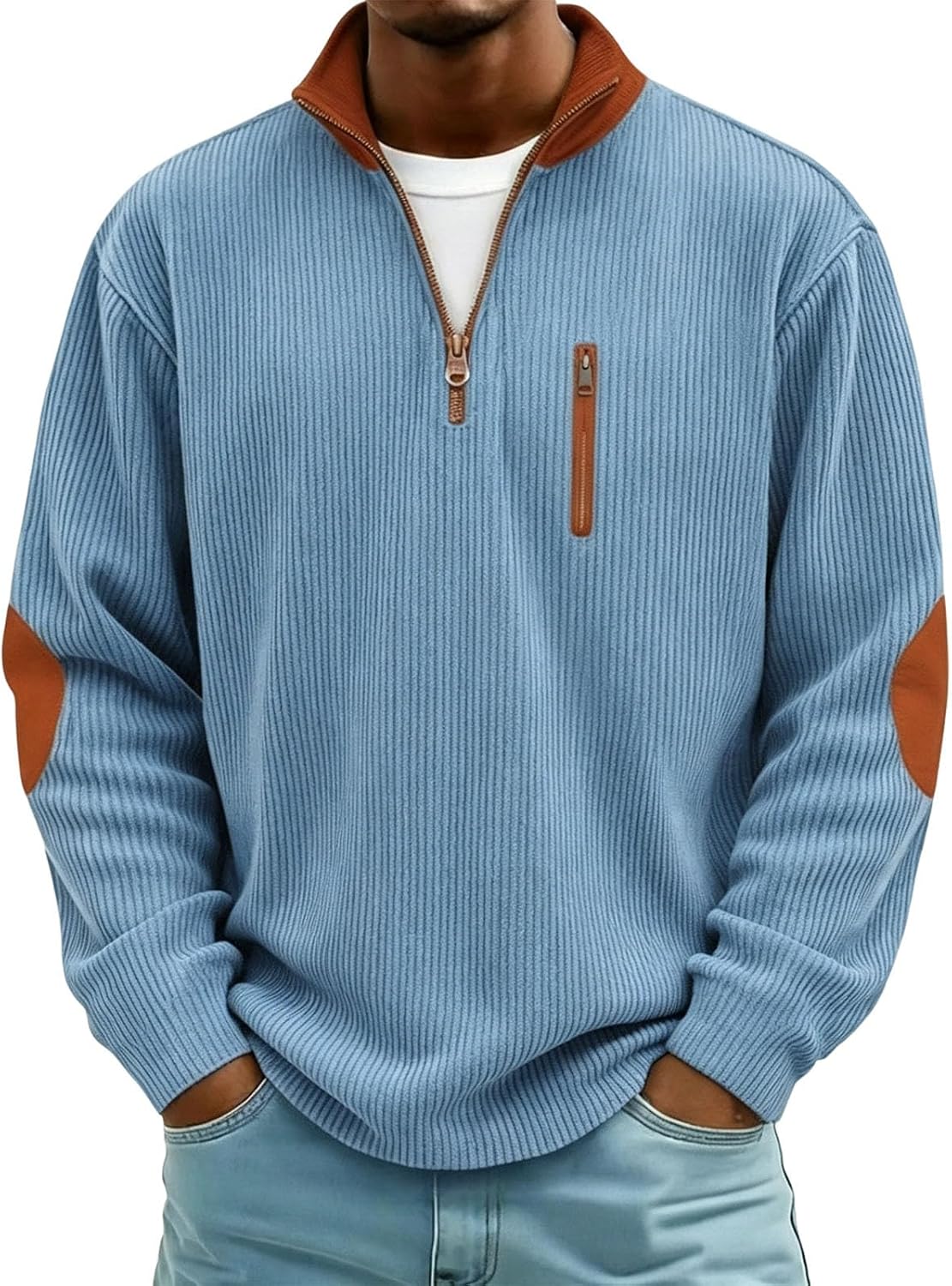 Mens Corduroy Half Zip Sweatshirt Long Sleeve Color Block Stand Collar Shirts Soft Fall Winter Fashion Causal Tops