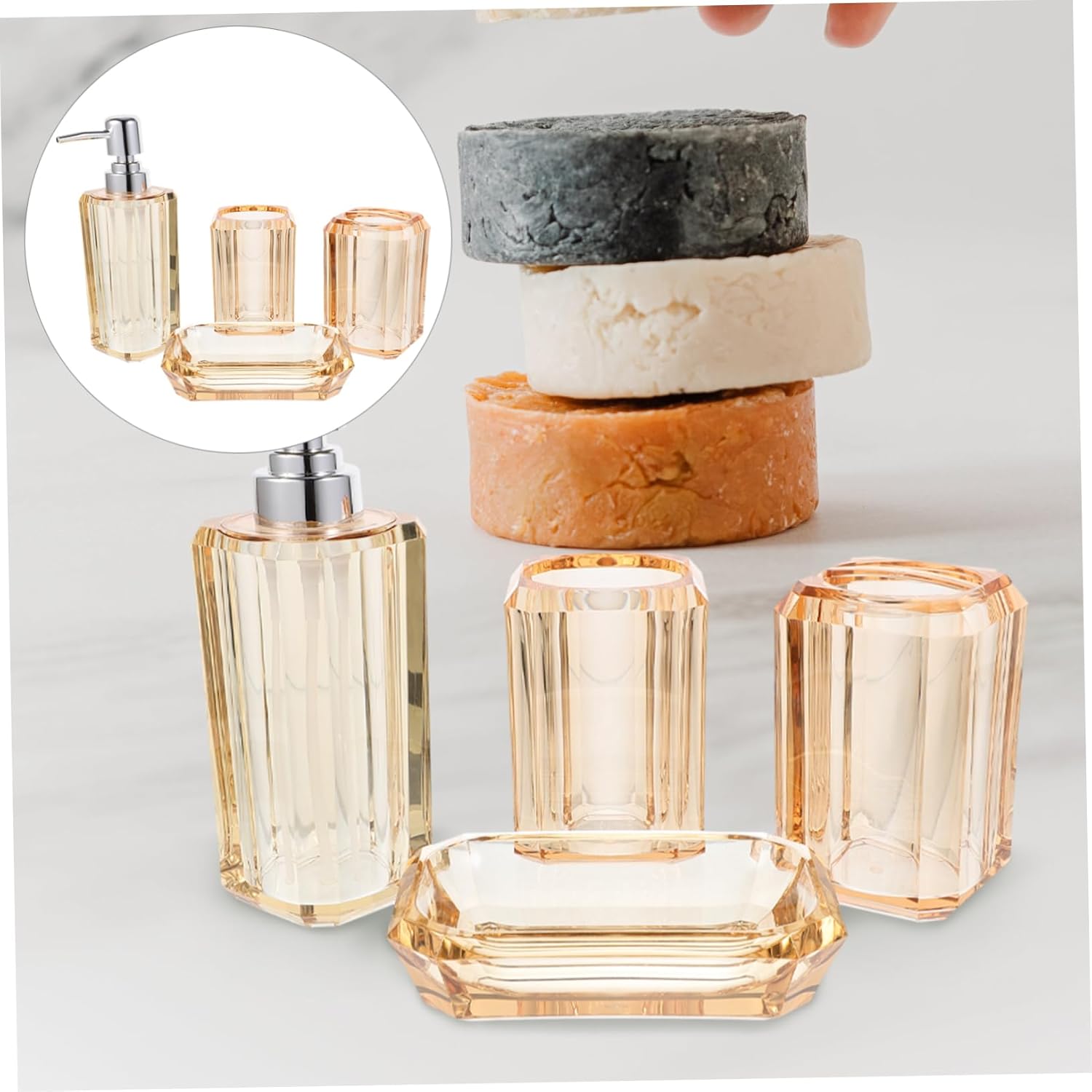 1Set Bathroom Accessories Set Transparent and Holder Ergonomic Lotion Dispenser Toothbrush Cup Soap Dish for Elegant Bathroom