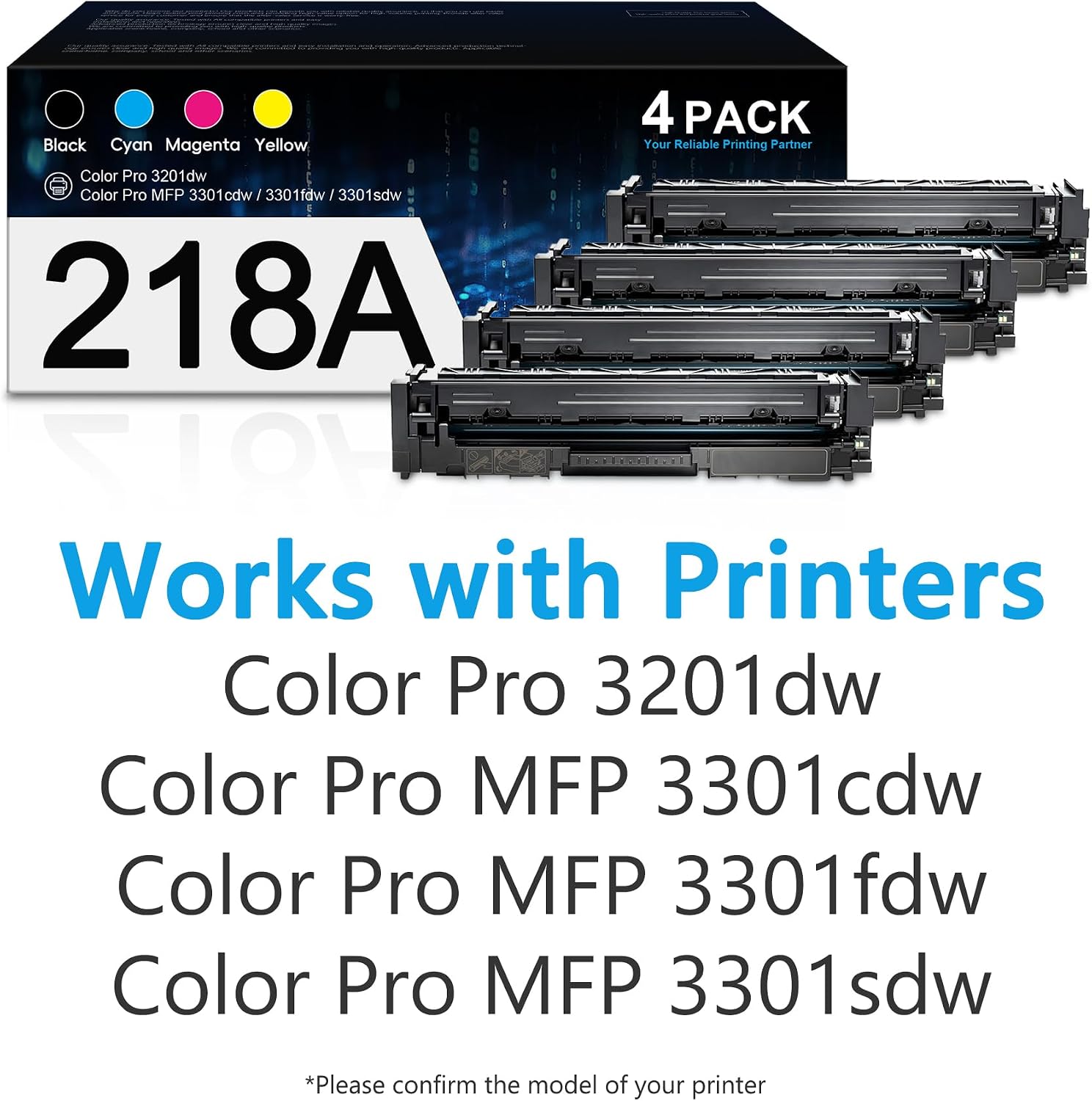 218A Toner Cartridges 4 Pack 3201dw 3201dw with Chip Replacement for HP 218A 218X Works with Color Pro MFP 3301fdw 3301sdw Printer High Yield W2180A Ink Set (Black Cyan Yellow Magenta)
