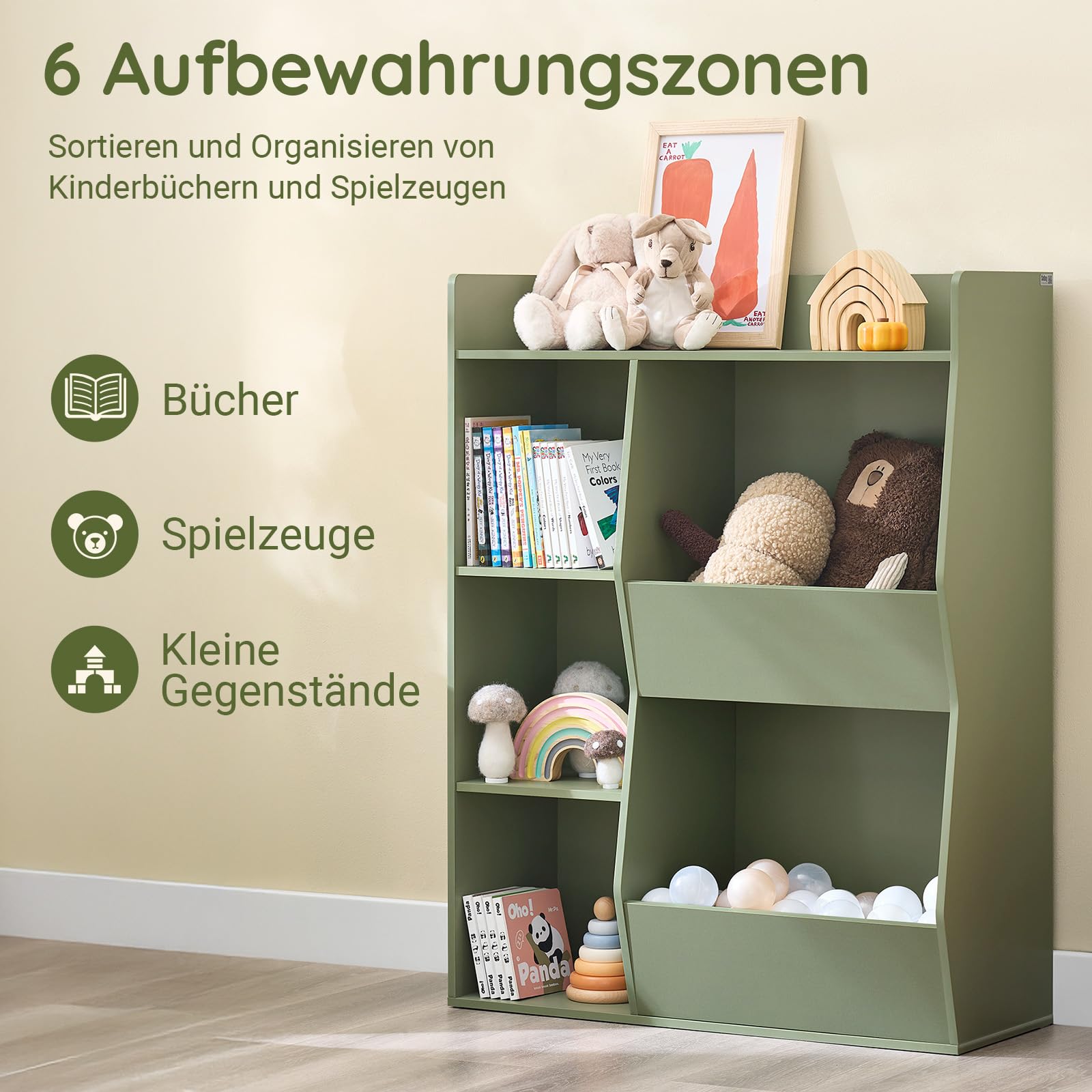 SoBuy Kinder Bücherregal Montessori Regal Kinderzimmer mit 5 Offenes Fach Kinderregal für Spielzeug Aufbewahrung Grün 80x104x34 cm KMB55-K-GR