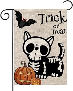 Halloween Trick or Treat Garden Flag Ghost Dog 12x18 Inch Small Double Sided Burlap Welcome Yard Dog Skeleton Outdoor Decoration